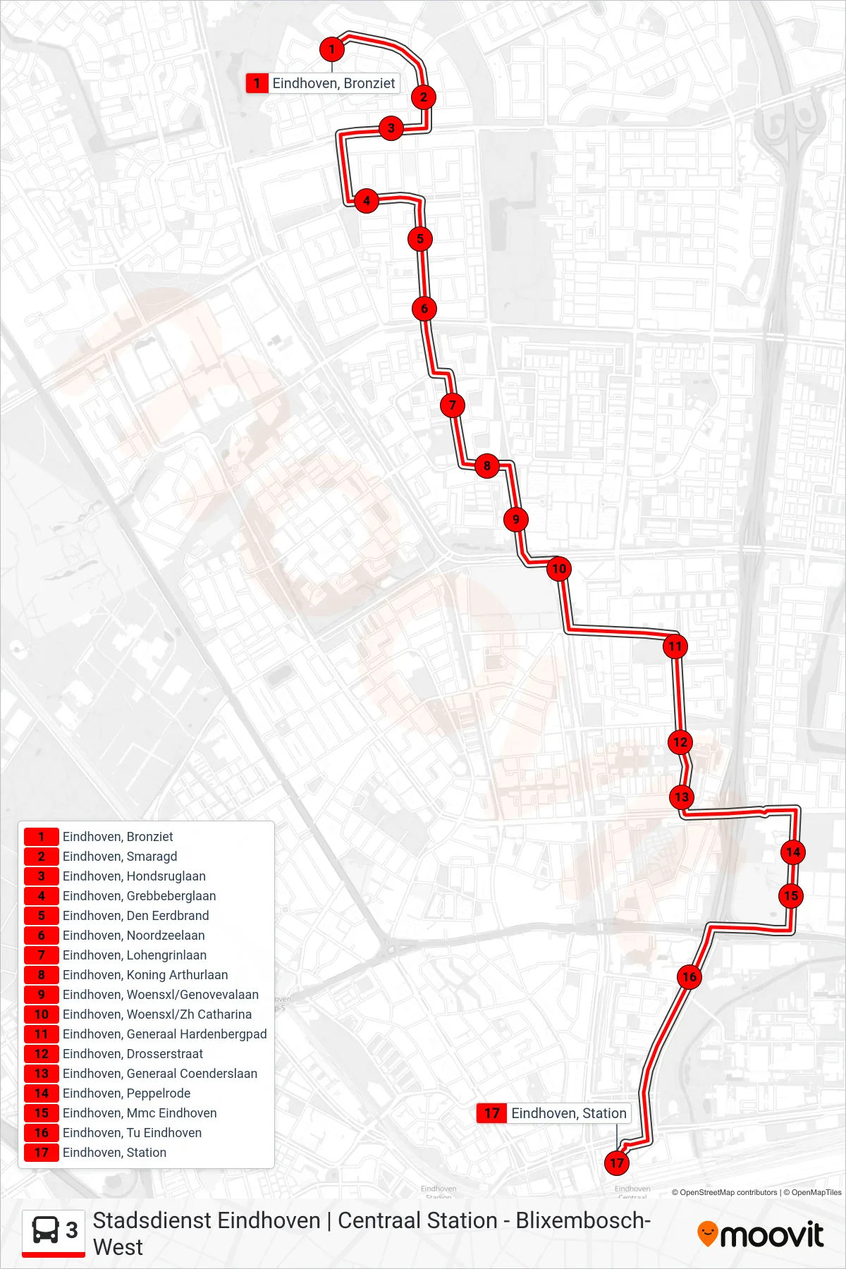Lijn 3 (bus, Eindhoven Station): route en haltes op de kaart