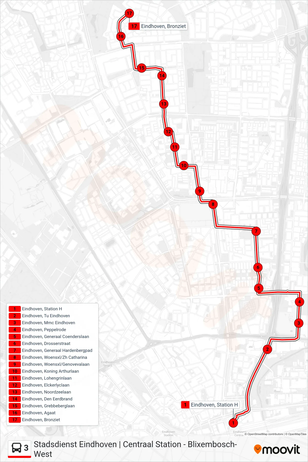 Linie 3 (Bus) Richtung Blixembosch West: Route und Haltestellen auf der Karte