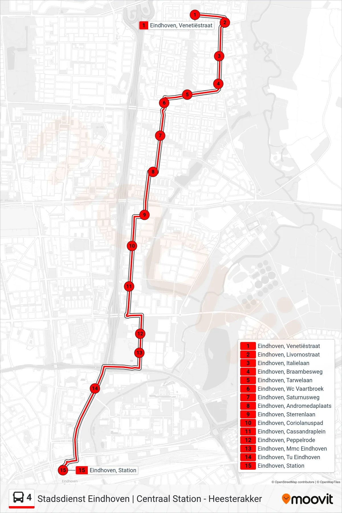 Lijn 4 (bus, Eindhoven Station): route en haltes op de kaart