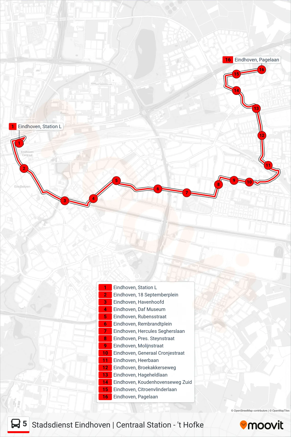 Lijn 5 (bus, 'T Hofke): route en haltes op de kaart