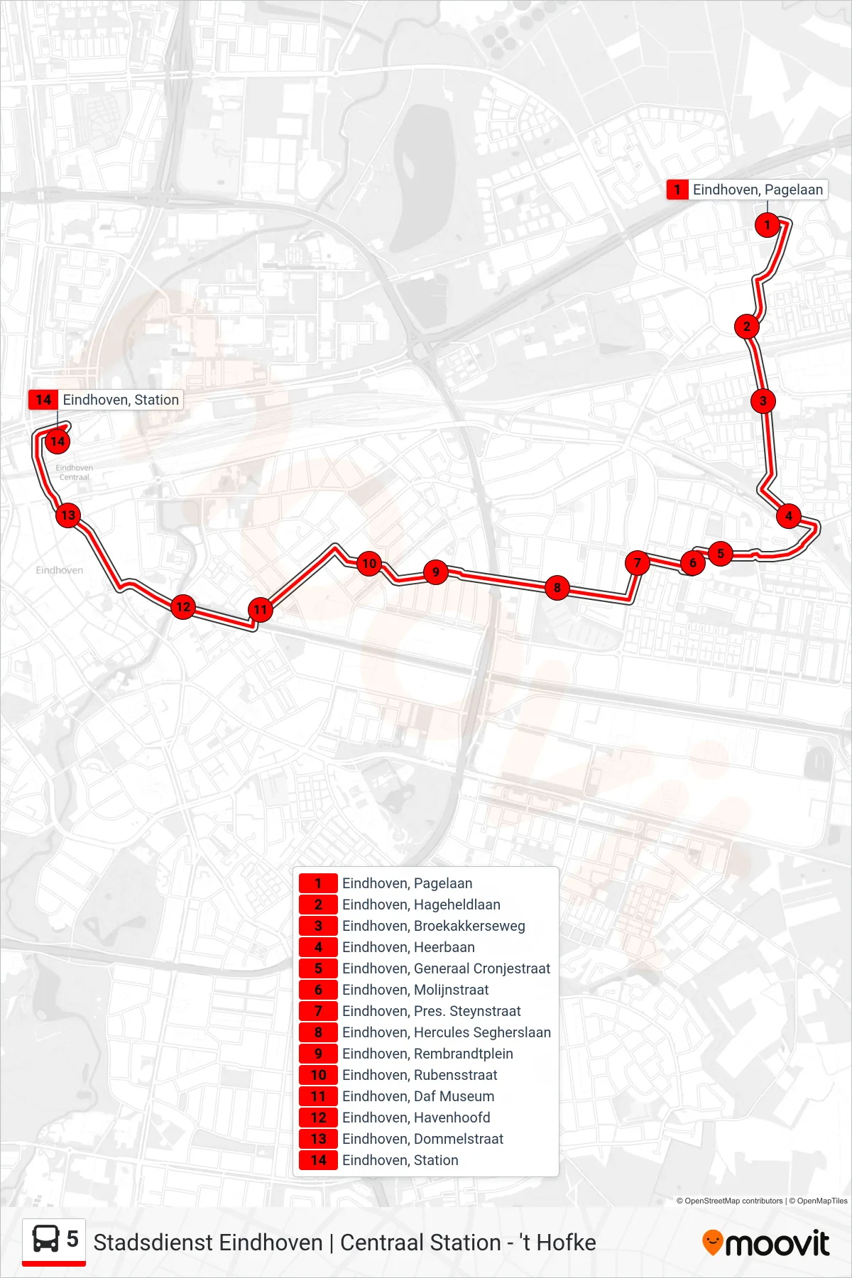Lijn 5 (bus, Eindhoven Station): route en haltes op de kaart