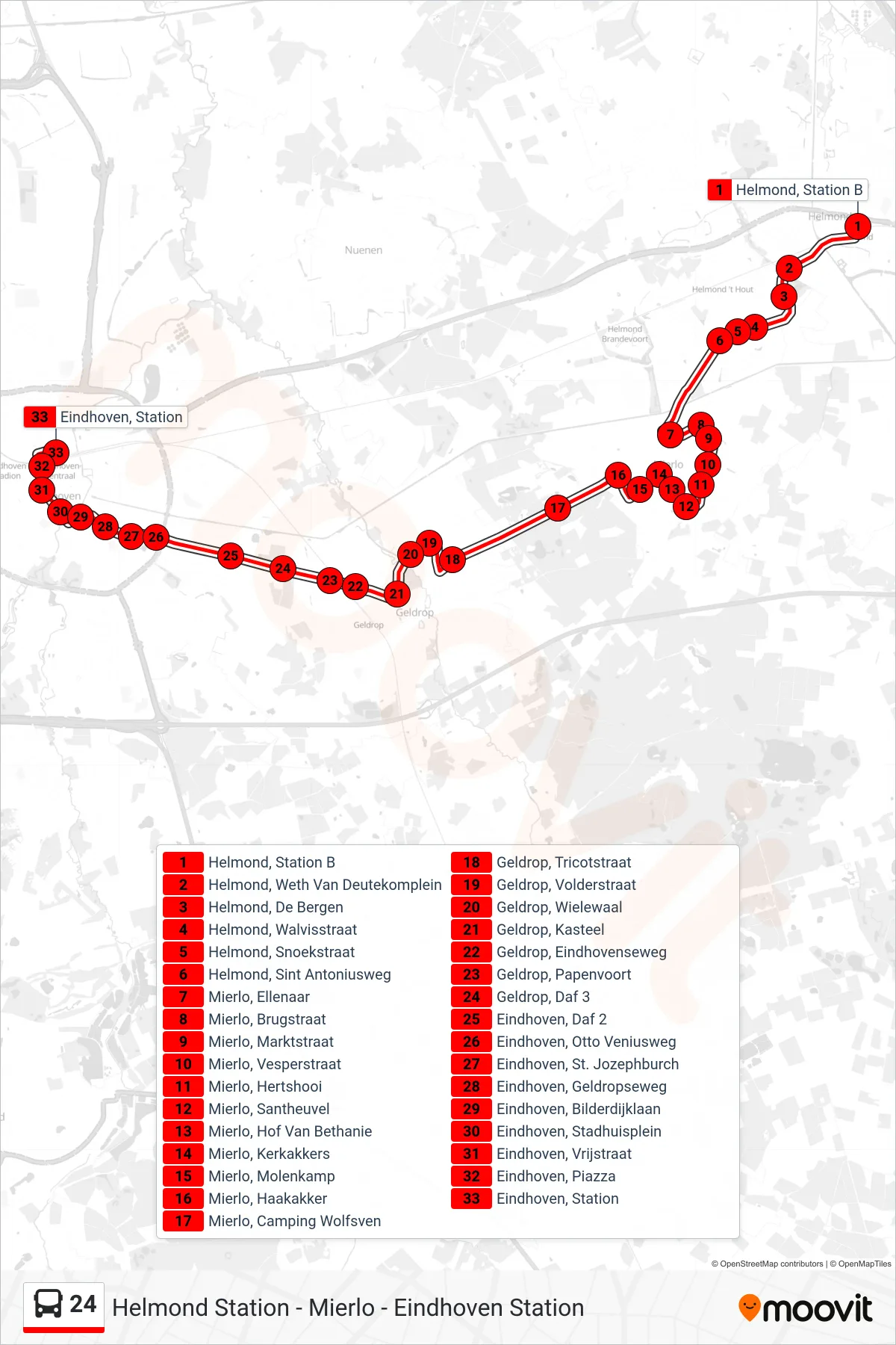 Lijn 24 (bus, Eindhoven Station): route en haltes op de kaart