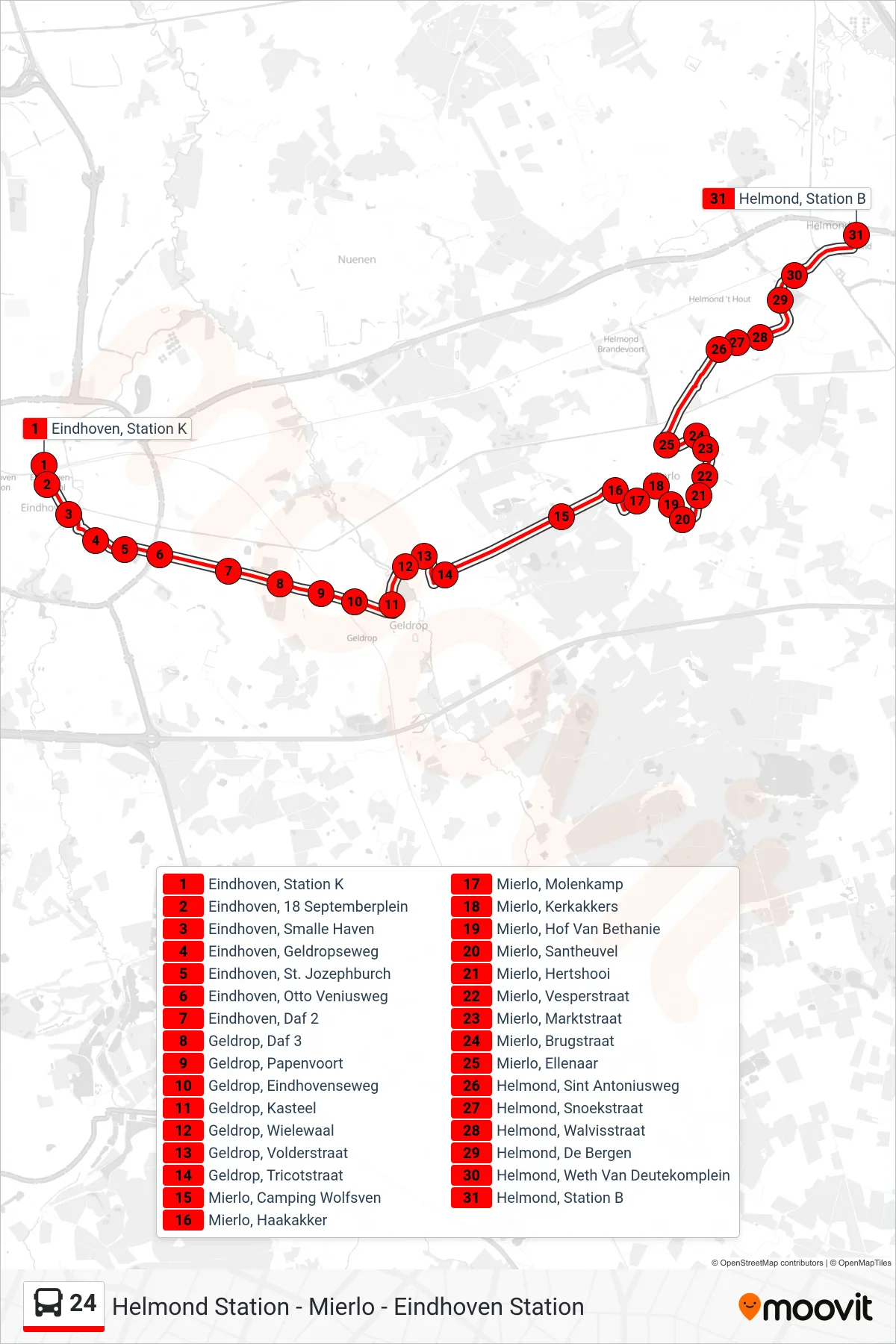 Linie 24 (Bus) Richtung Helmond Station: Route und Haltestellen auf der Karte