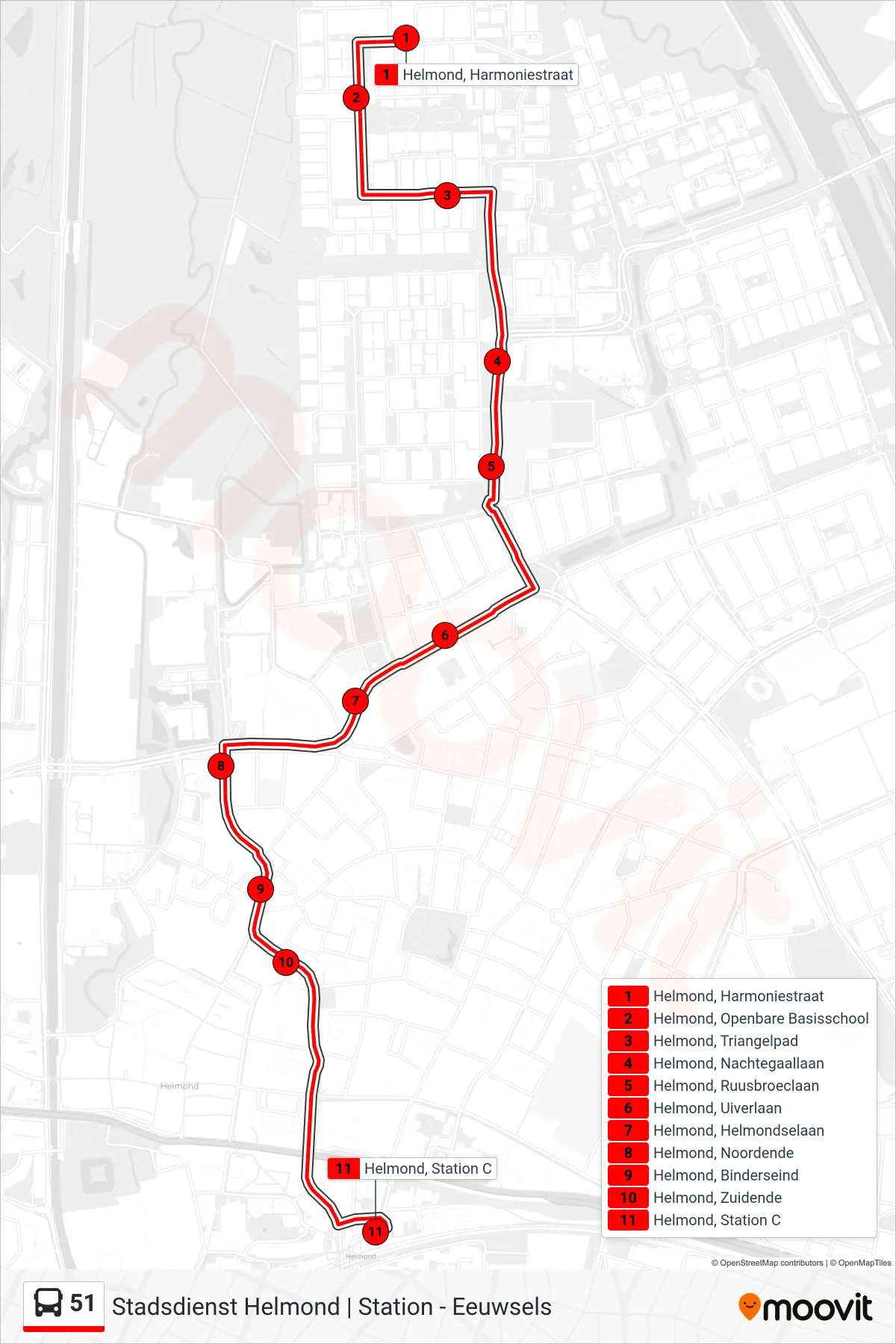 Lijn 51 (bus, Helmond Station): route en haltes op de kaart