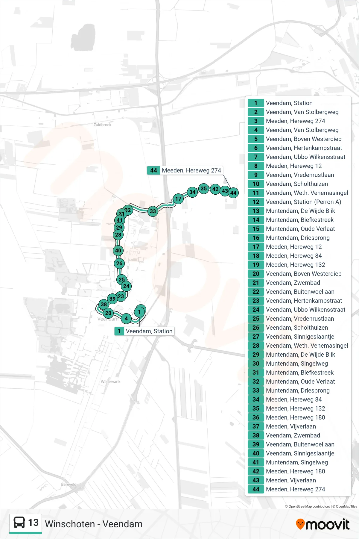 Lijn 13 (bus, Zuidbroek): route en haltes op de kaart