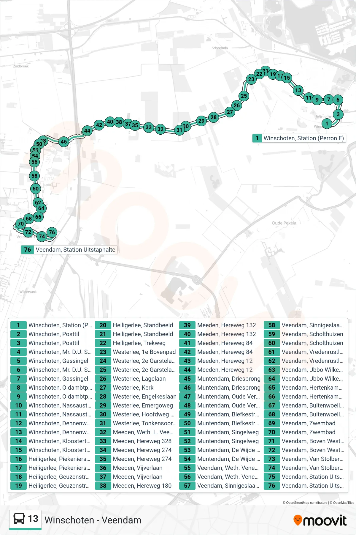 Lijn 13 (bus, Veendam): route en haltes op de kaart