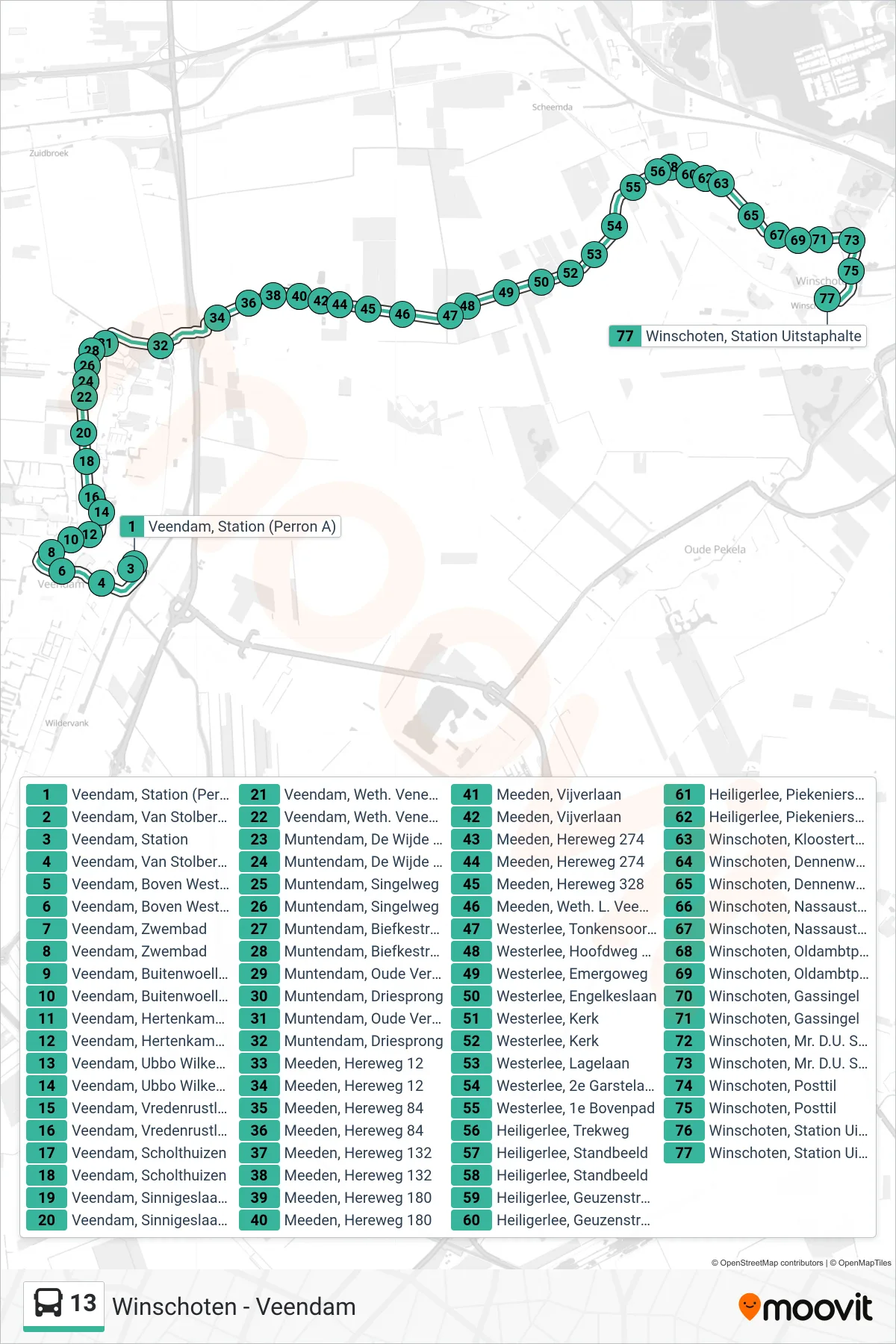 13 bus Line (Winschoten) route and stops on a map