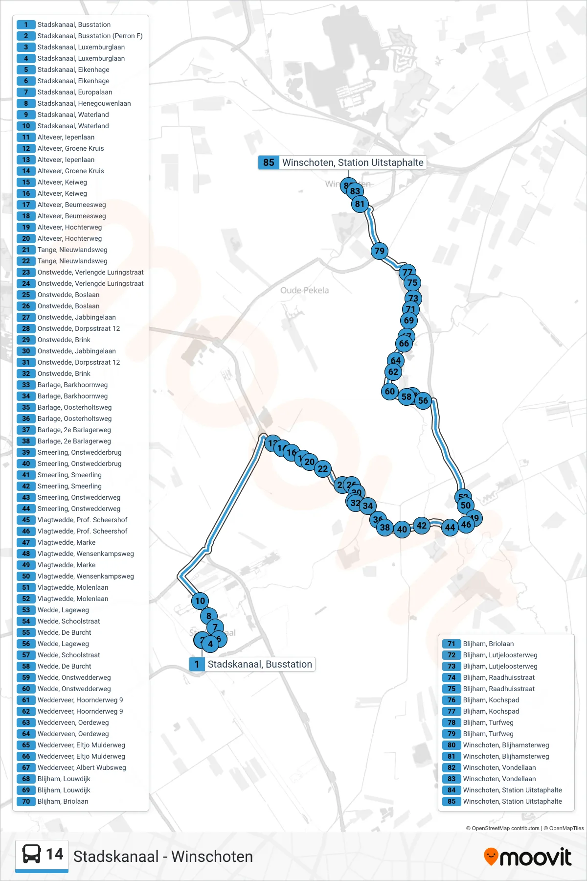Lijn 14 (bus, Winschoten): route en haltes op de kaart