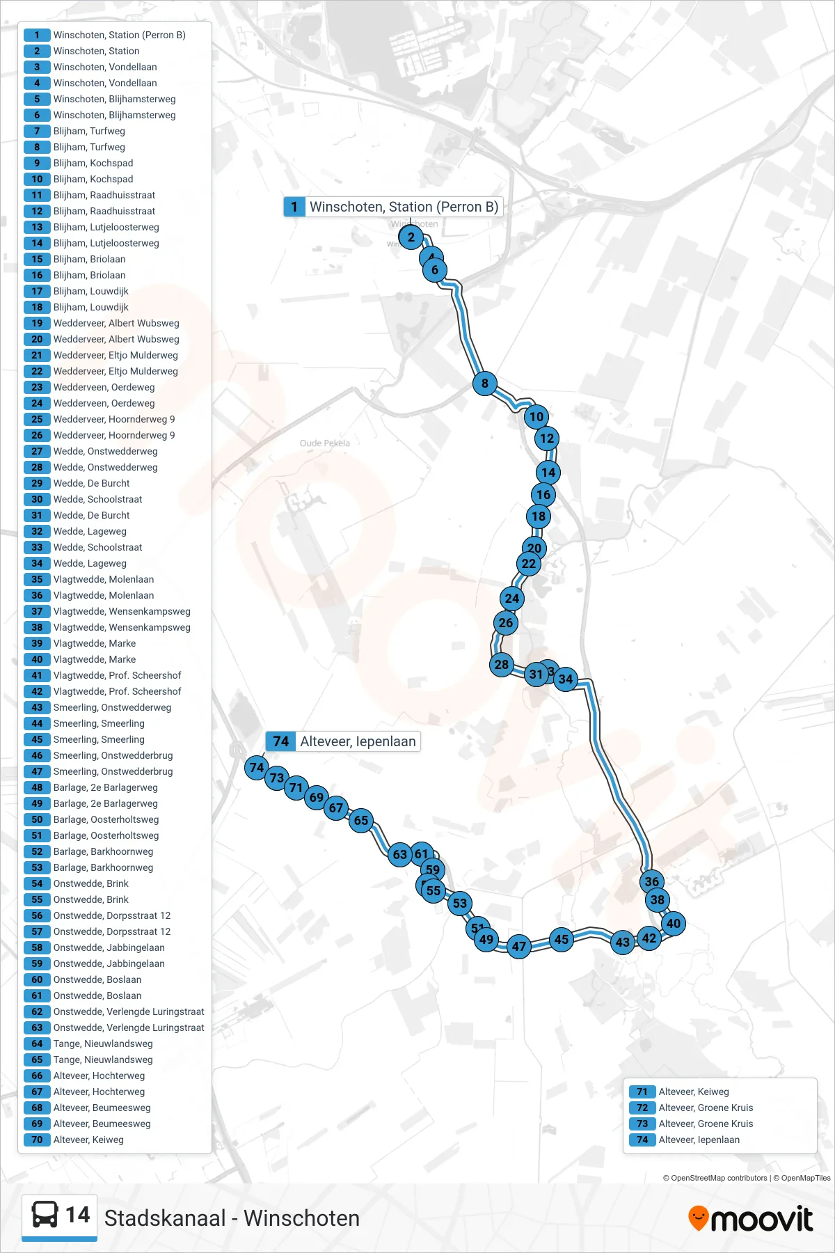 Lijn 14 (bus, Alteveer): route en haltes op de kaart