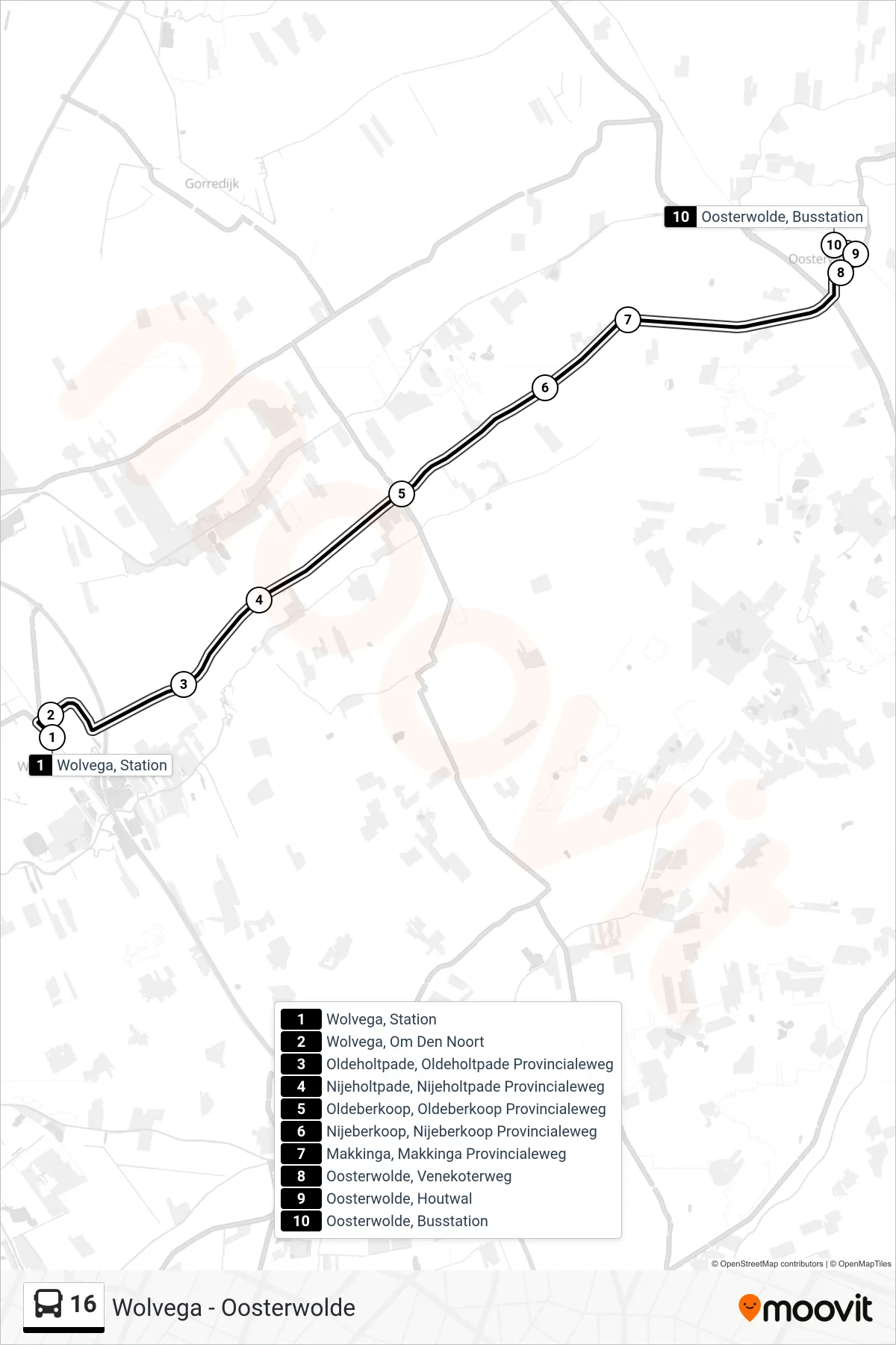 Lijn 16 (bus, Oosterwolde): route en haltes op de kaart