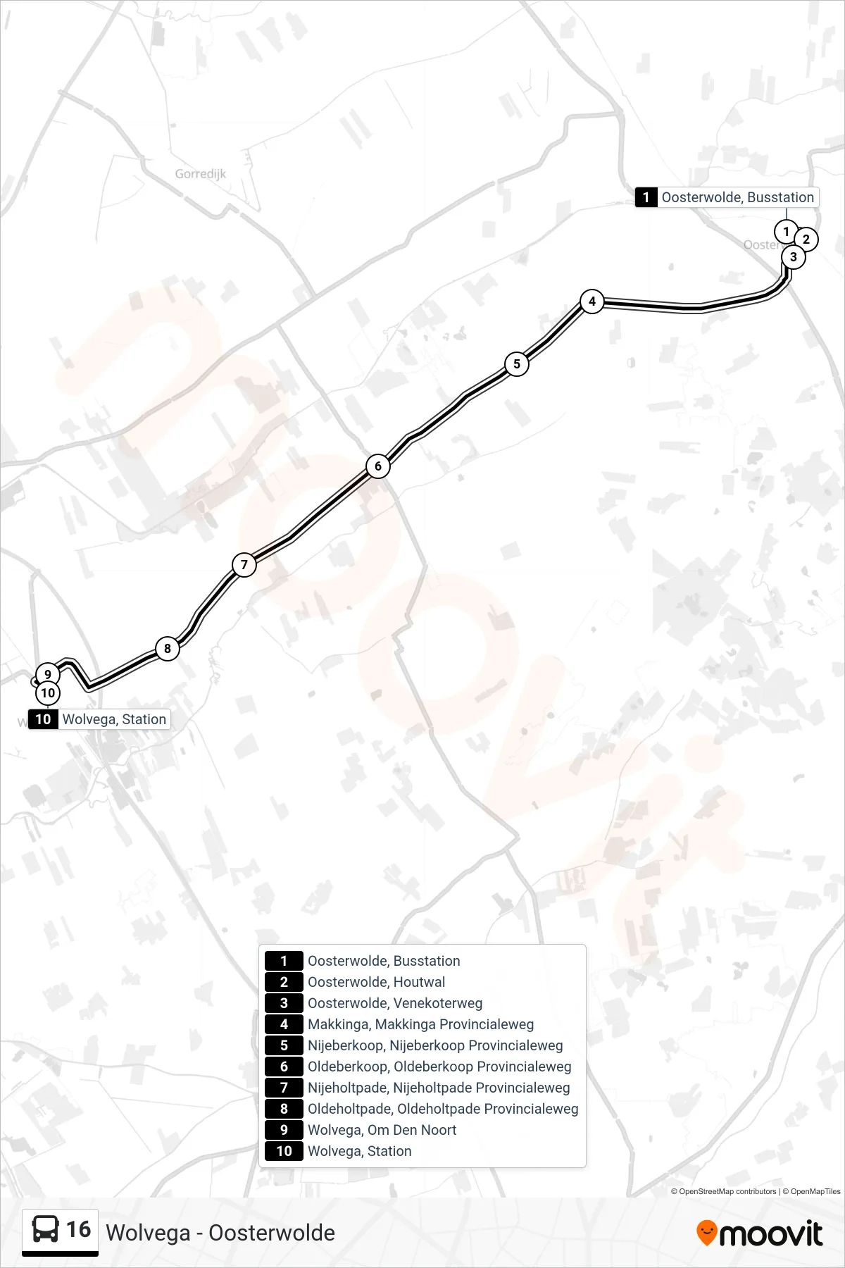 Lijn 16 (bus, Wolvega): route en haltes op de kaart