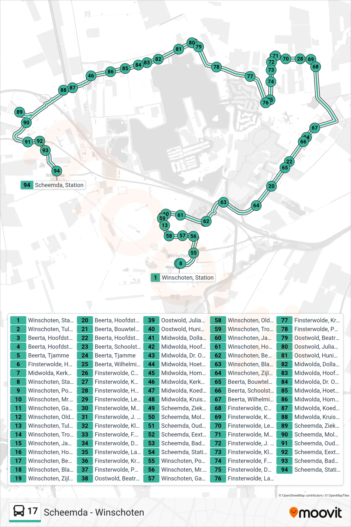 17 bus Line (Scheemda) route and stops on a map