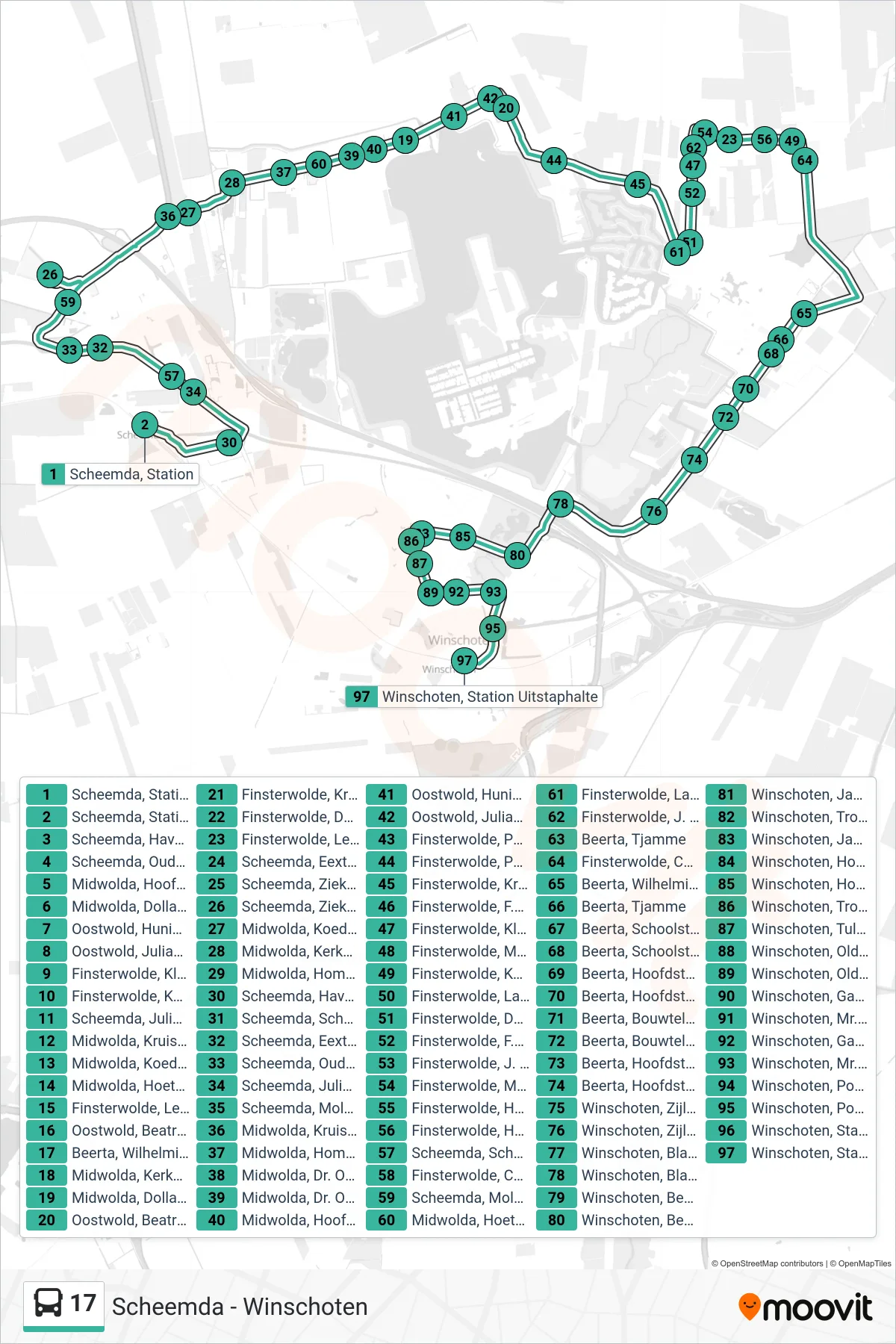 Lijn 17 (bus, Beerta): route en haltes op de kaart