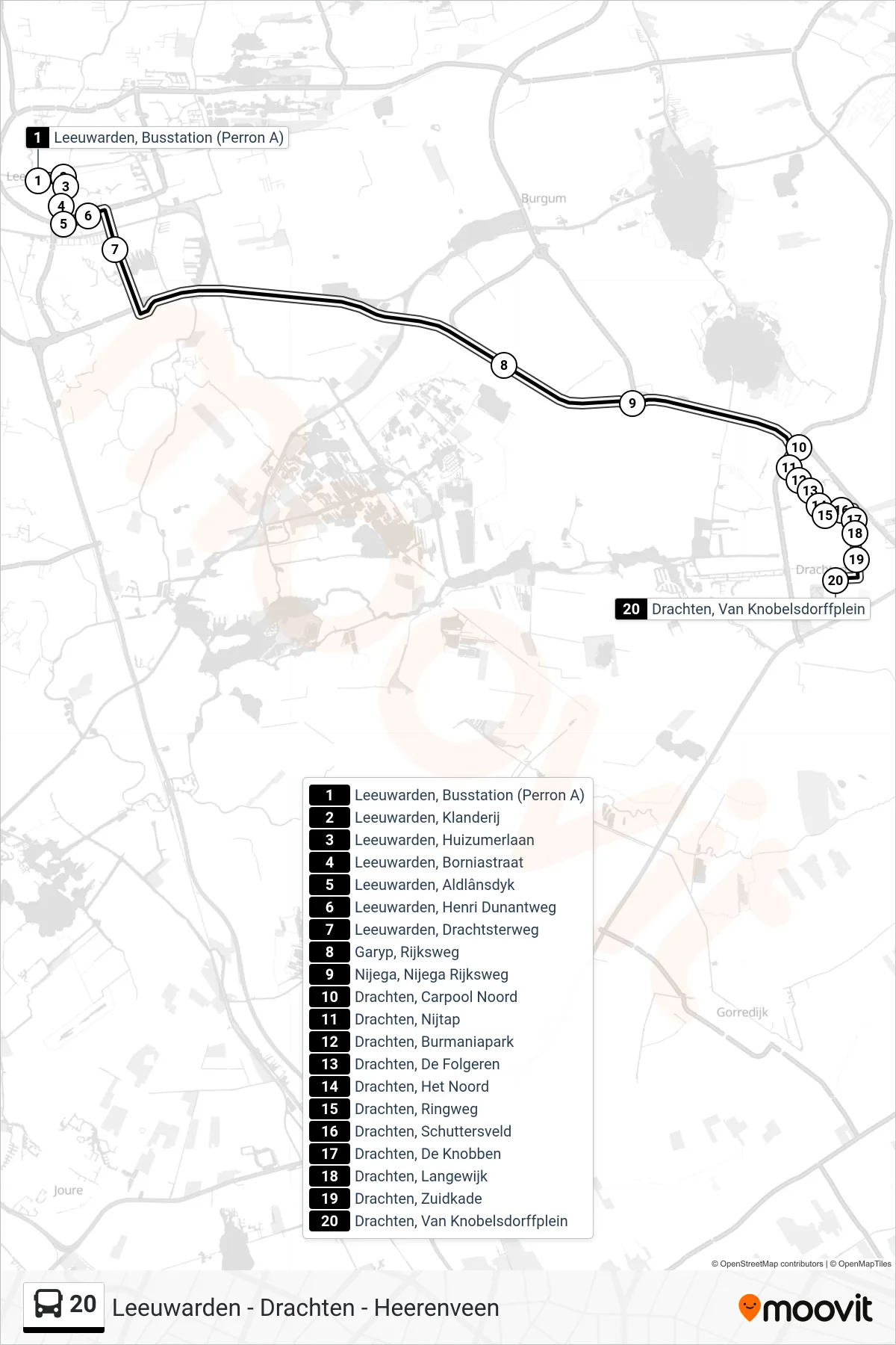 Lijn 20 (bus, Drachten): route en haltes op de kaart
