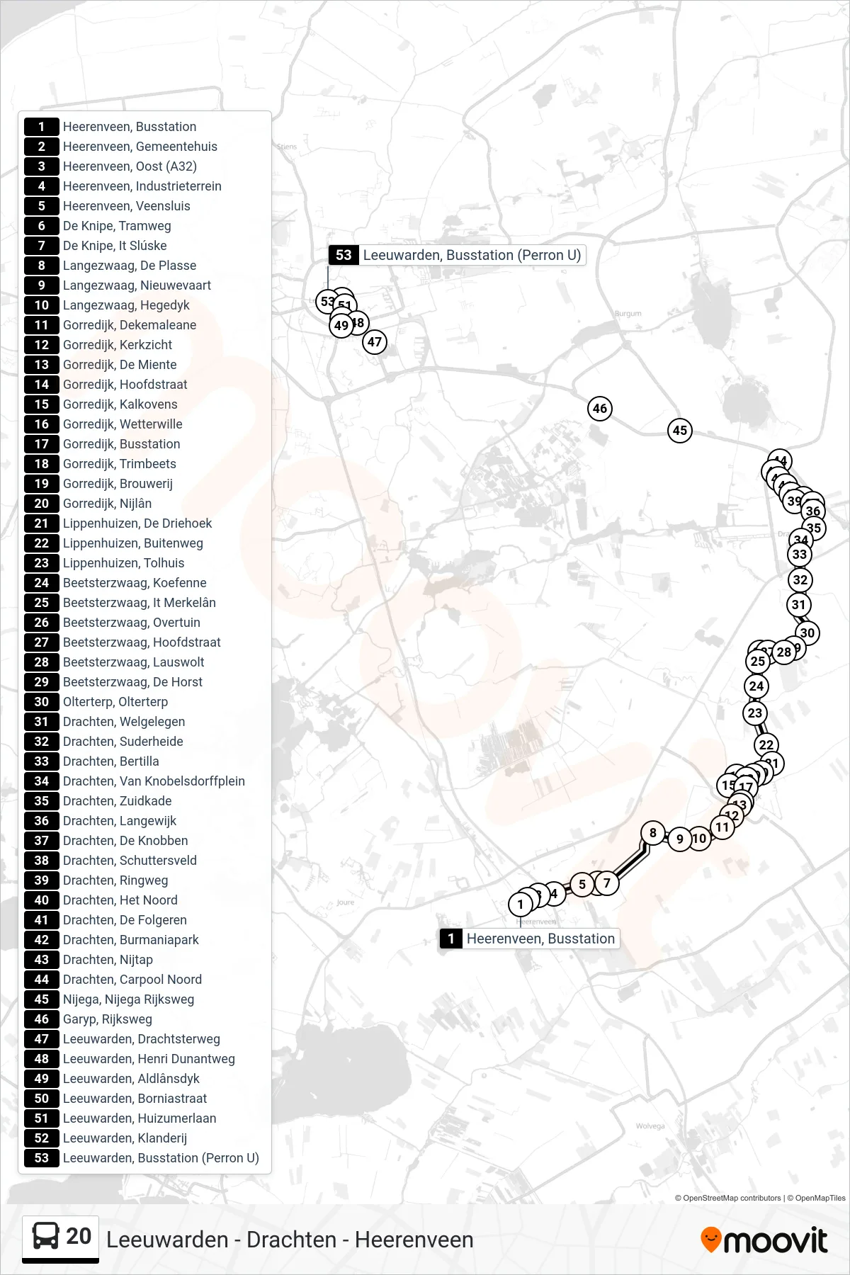 Lijn 20 (bus, Drachten): route en haltes op de kaart