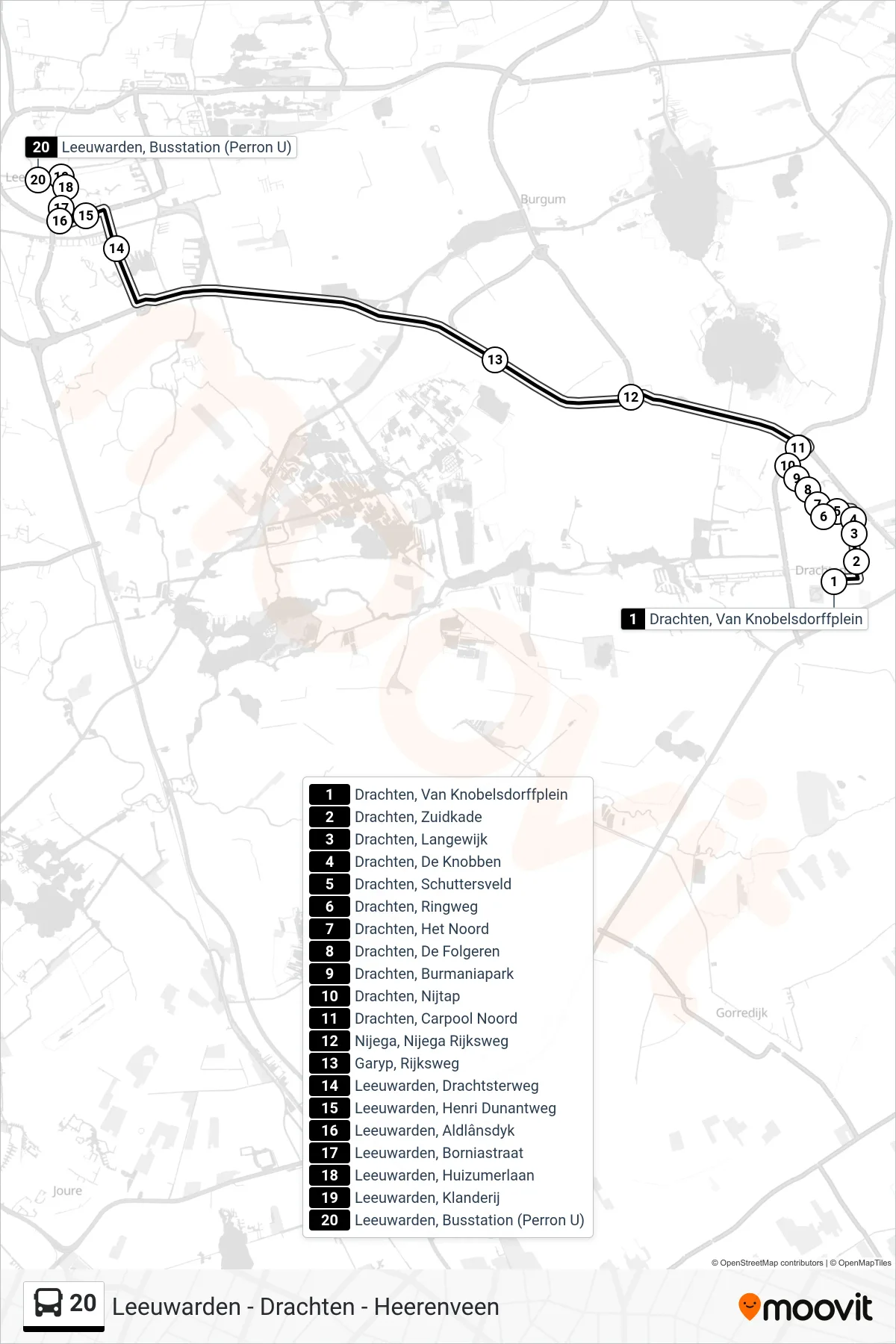 Lijn 20 (bus, Leeuwarden): route en haltes op de kaart