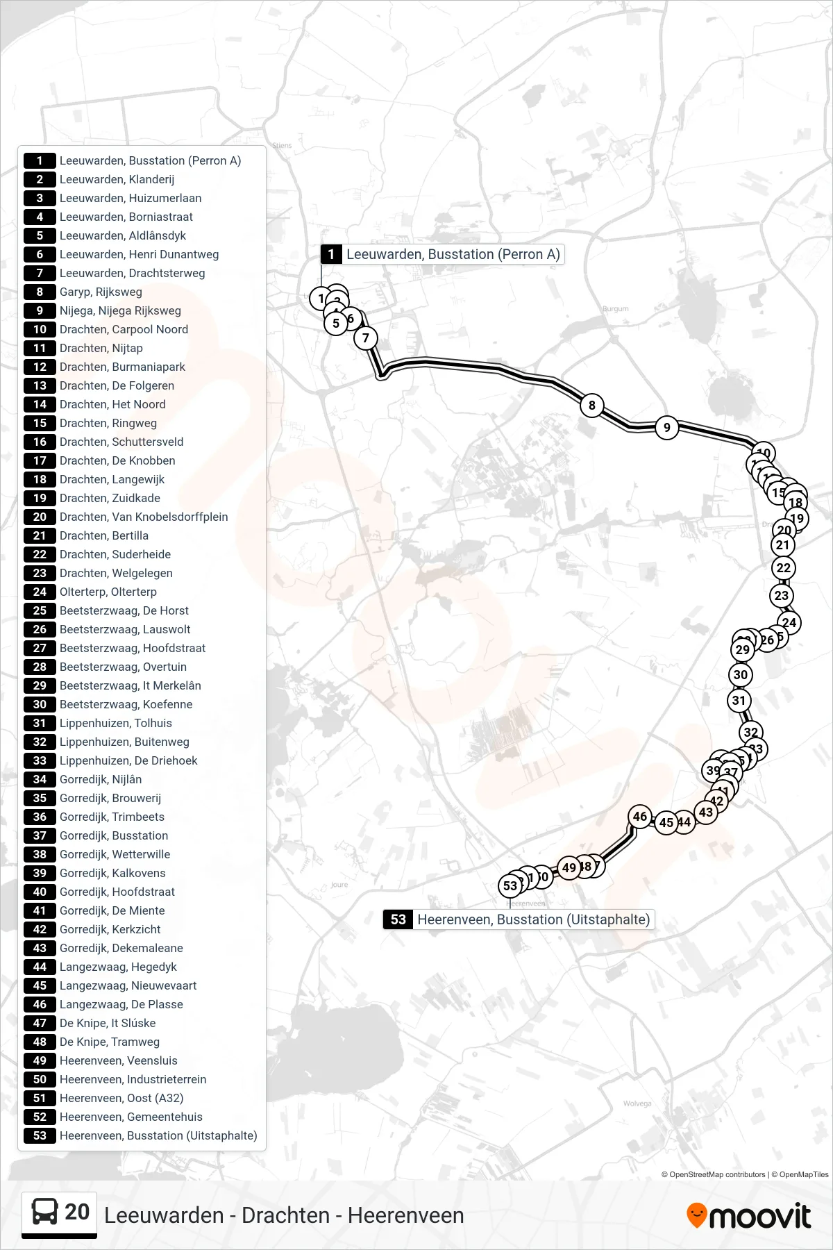 Lijn 20 (bus, Heerenveen): route en haltes op de kaart
