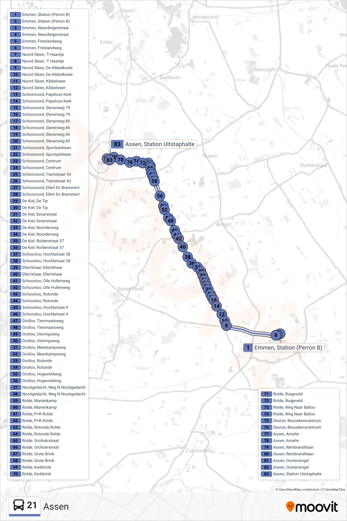Lijn 21 (bus, Assen): route en haltes op de kaart