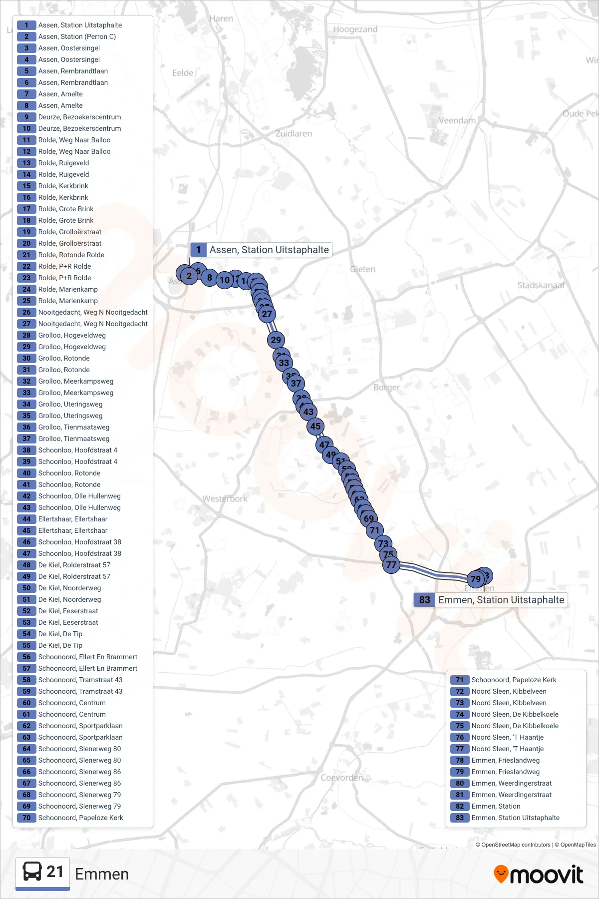 Lijn 21 (bus, Emmen): route en haltes op de kaart