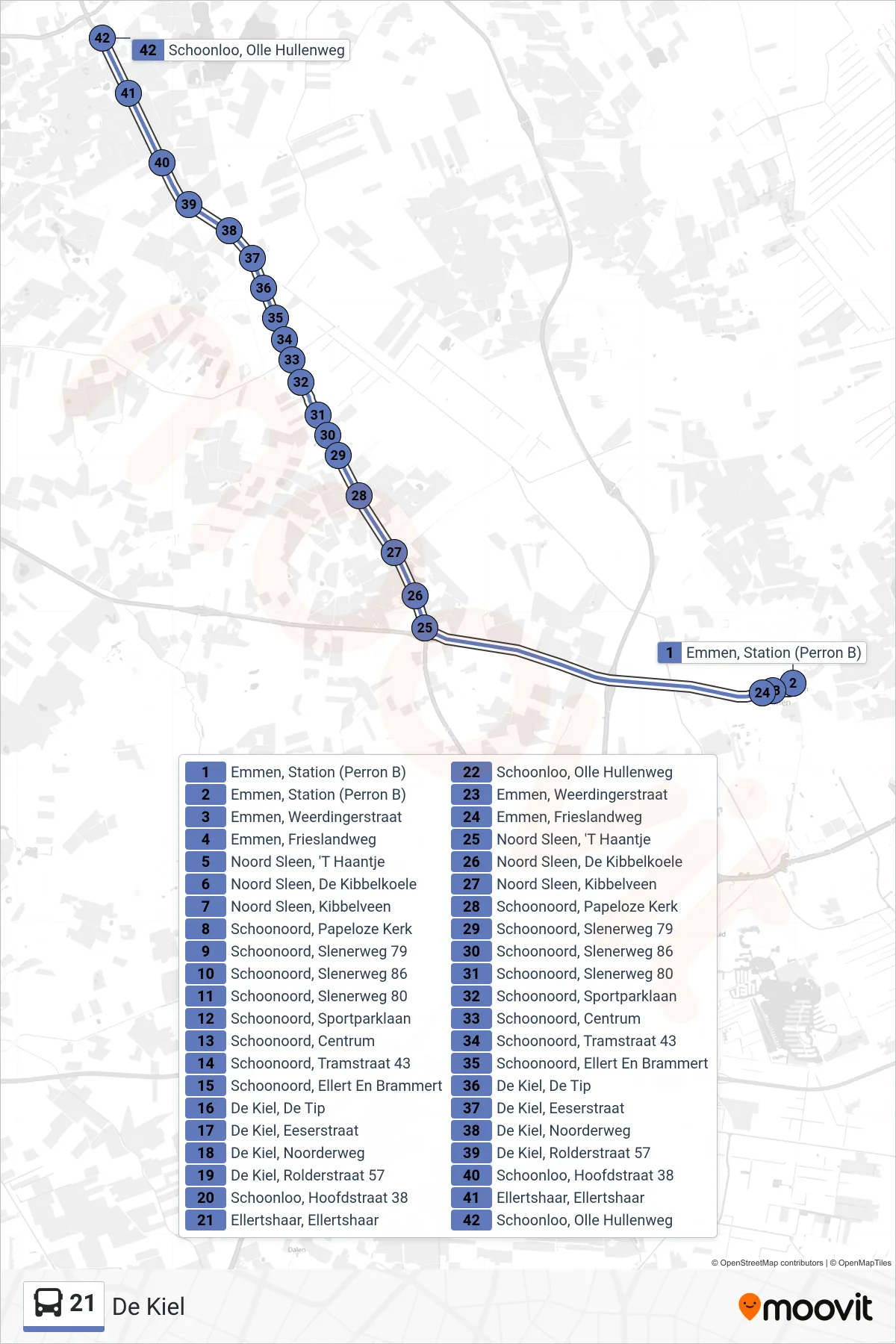 Lijn 21 (bus, De Kiel): route en haltes op de kaart