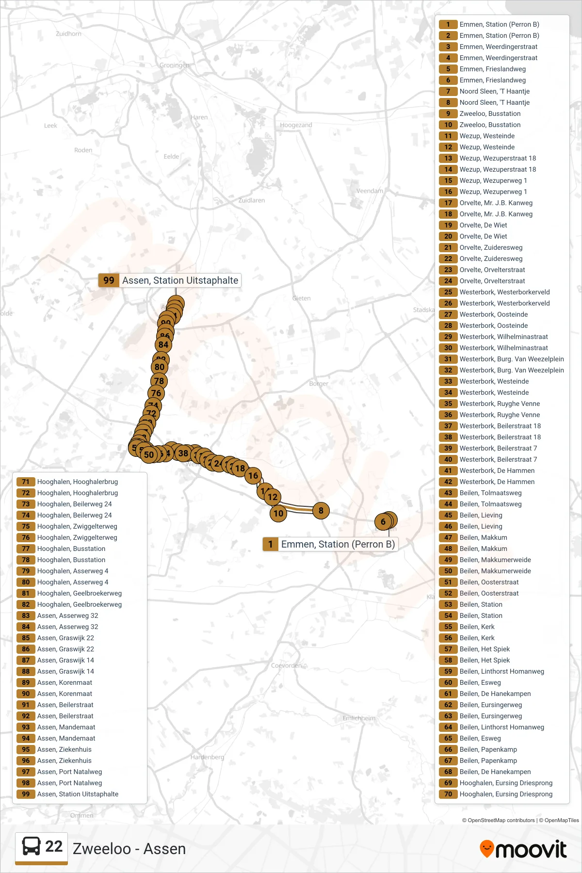 Lijn 22 (bus, Assen Via Beilen): route en haltes op de kaart