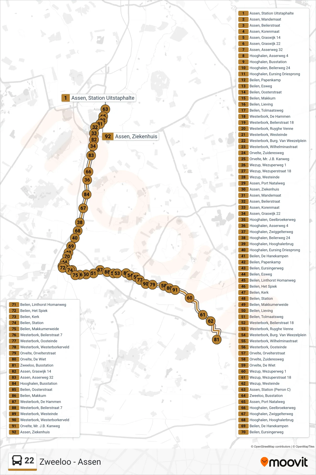 Linie 22 (Bus) Richtung Zweeloo Via Beilen: Route und Haltestellen auf der Karte