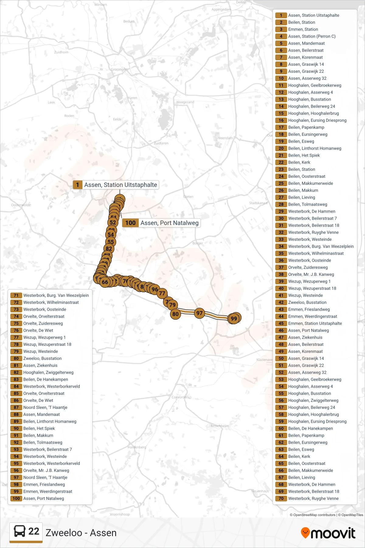 Lijn 22 (bus, Emmen Via Beilen): route en haltes op de kaart