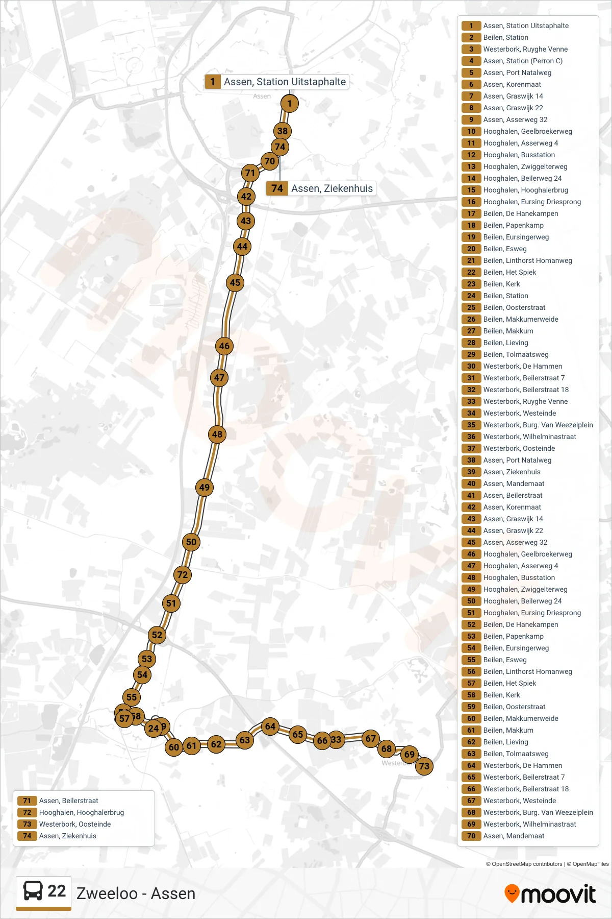 Lijn 22 (bus, Westerbork): route en haltes op de kaart