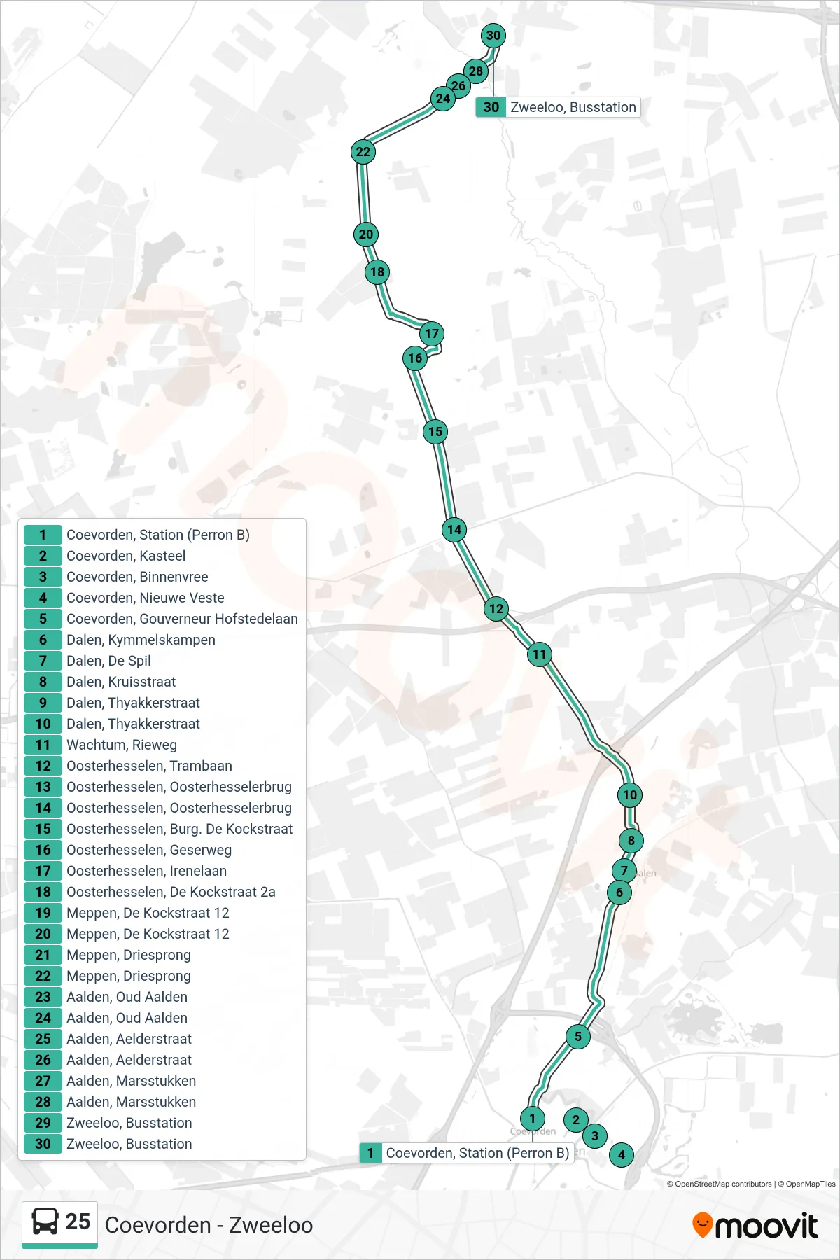 Lijn 25 (bus, Zweeloo): route en haltes op de kaart
