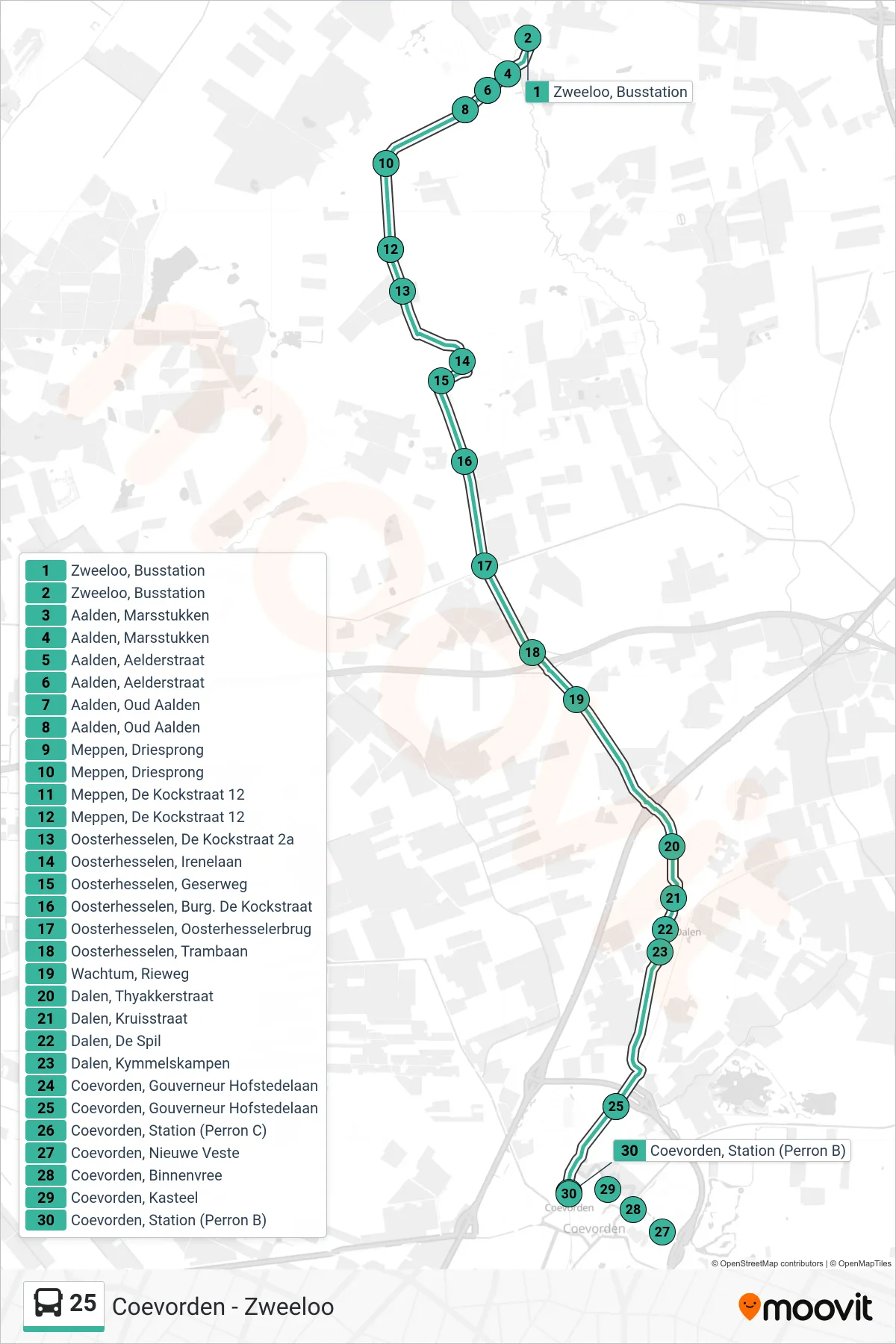 Linie 25 (Bus) Richtung Coevorden: Route und Haltestellen auf der Karte