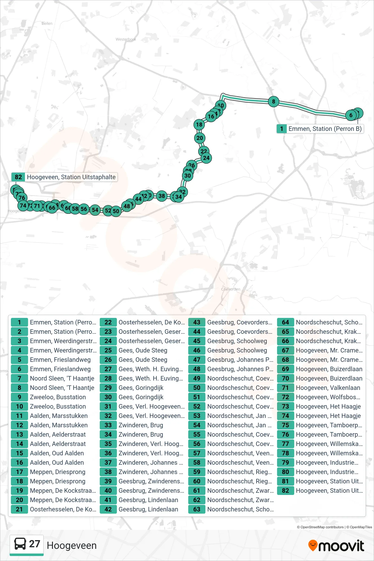 Lijn 27 (bus, Hoogeveen): route en haltes op de kaart