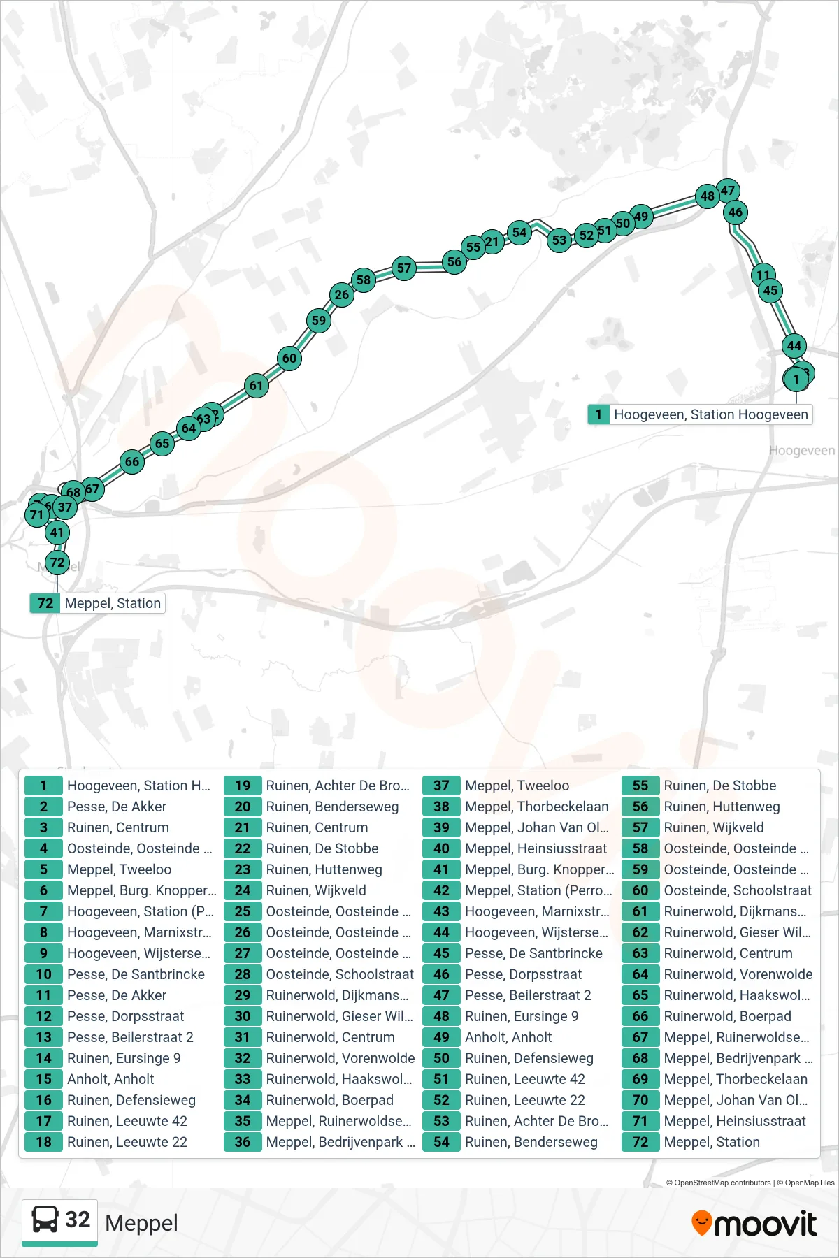 Lijn 32 (bus, Meppel): route en haltes op de kaart