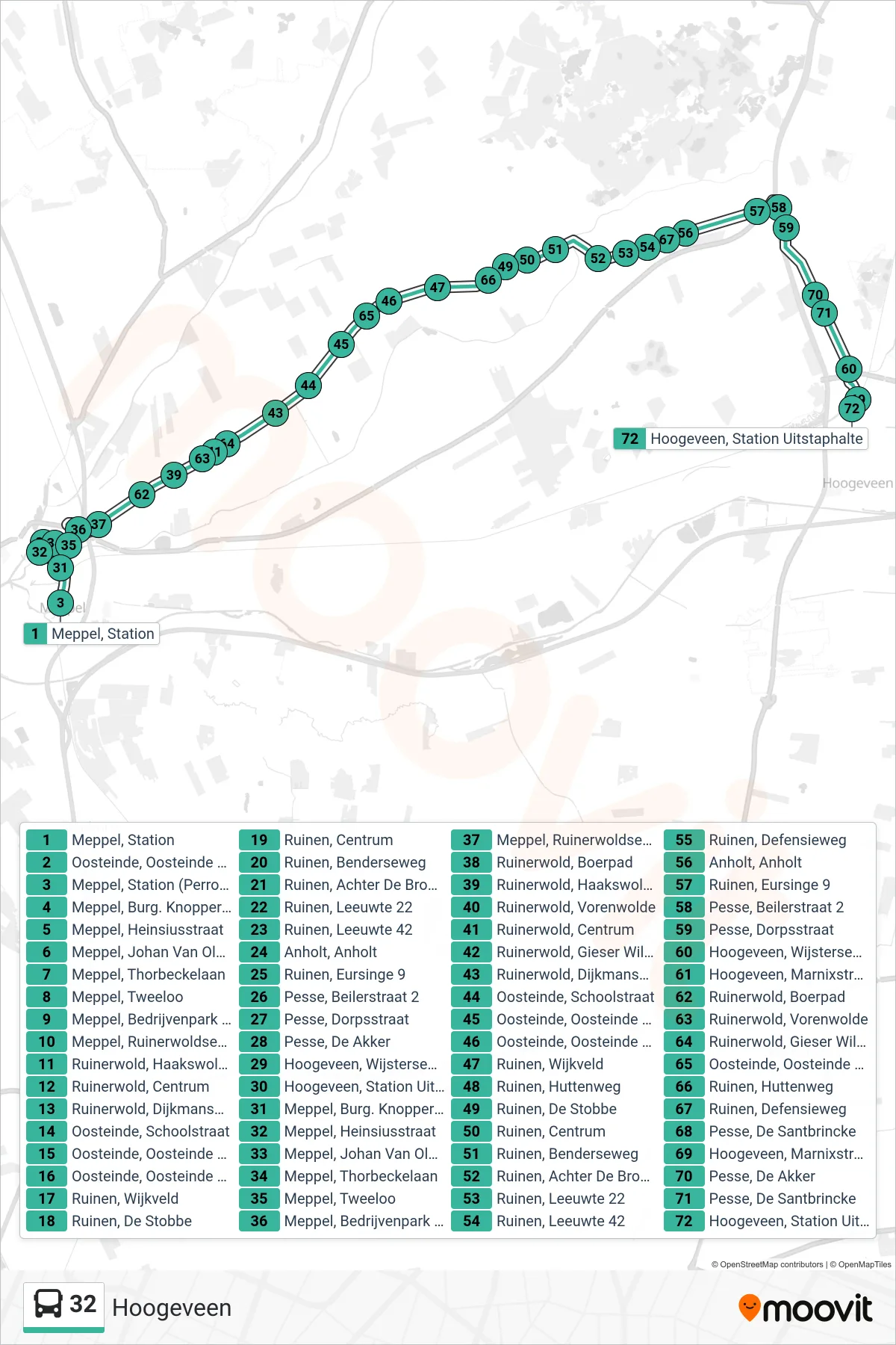 Lijn 32 (bus, Hoogeveen): route en haltes op de kaart