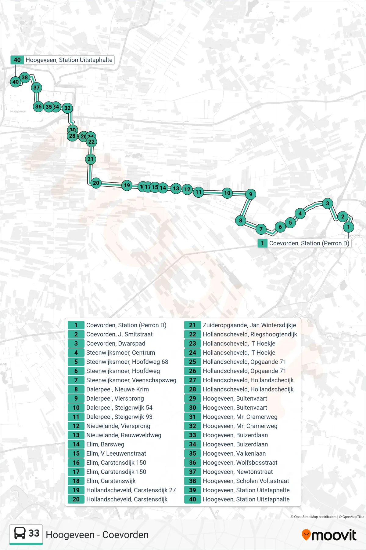 Lijn 33 (bus, Hoogeveen): route en haltes op de kaart