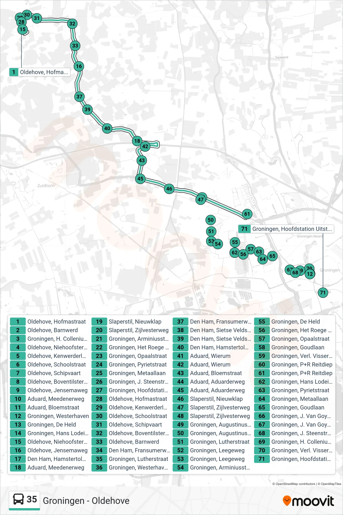 Lijn 35 (bus, Groningen): route en haltes op de kaart