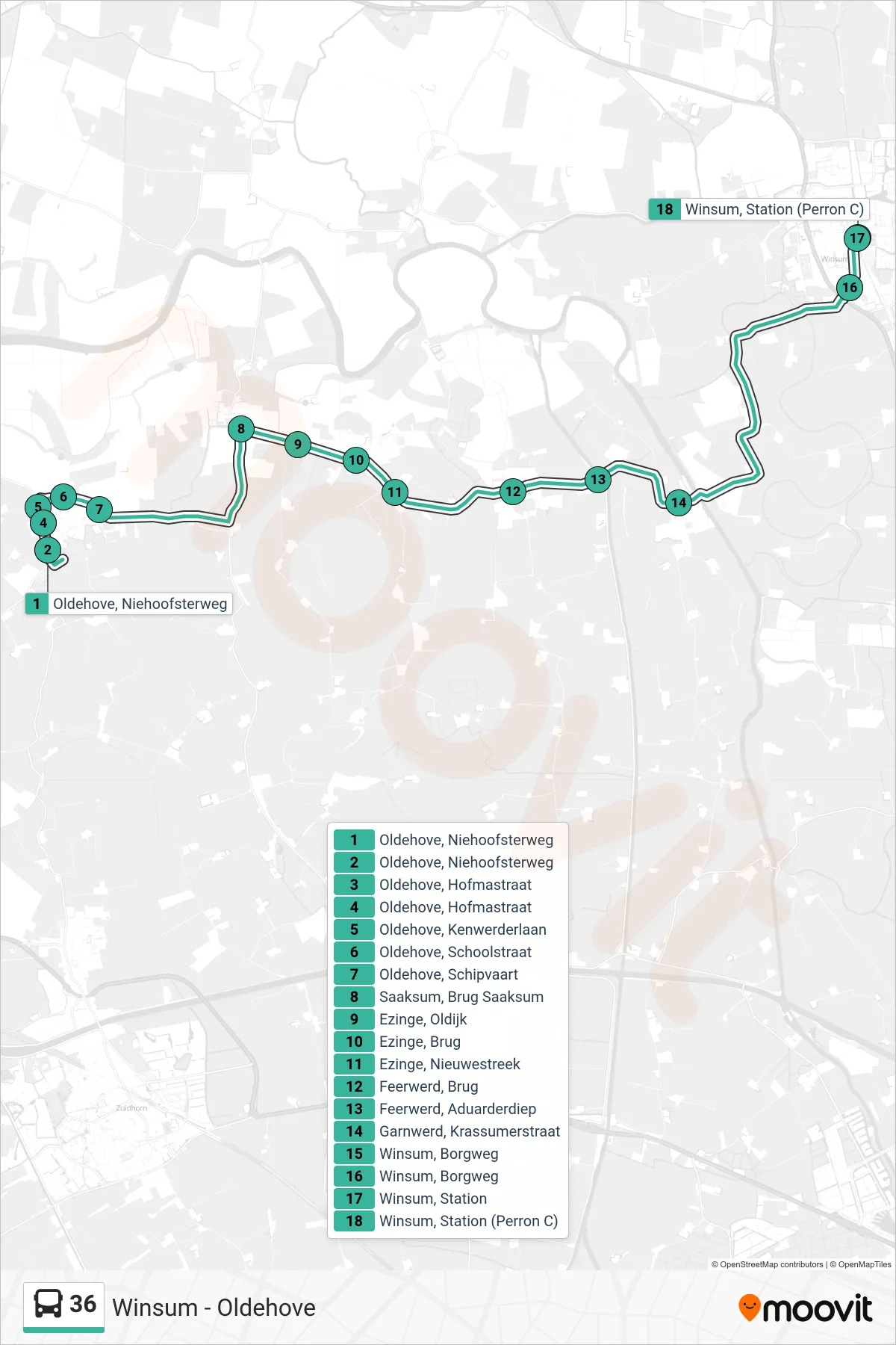 36 bus Line (Winsum) route and stops on a map