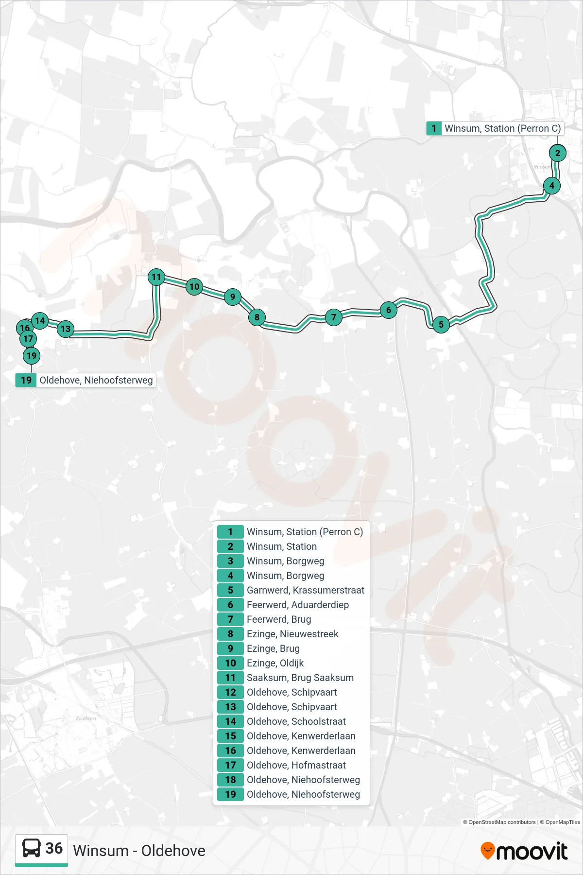 Lijn 36 (bus, Oldehove): route en haltes op de kaart