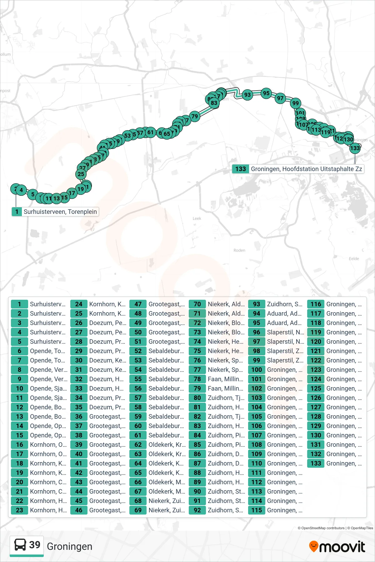 Lijn 39 (bus, Groningen): route en haltes op de kaart