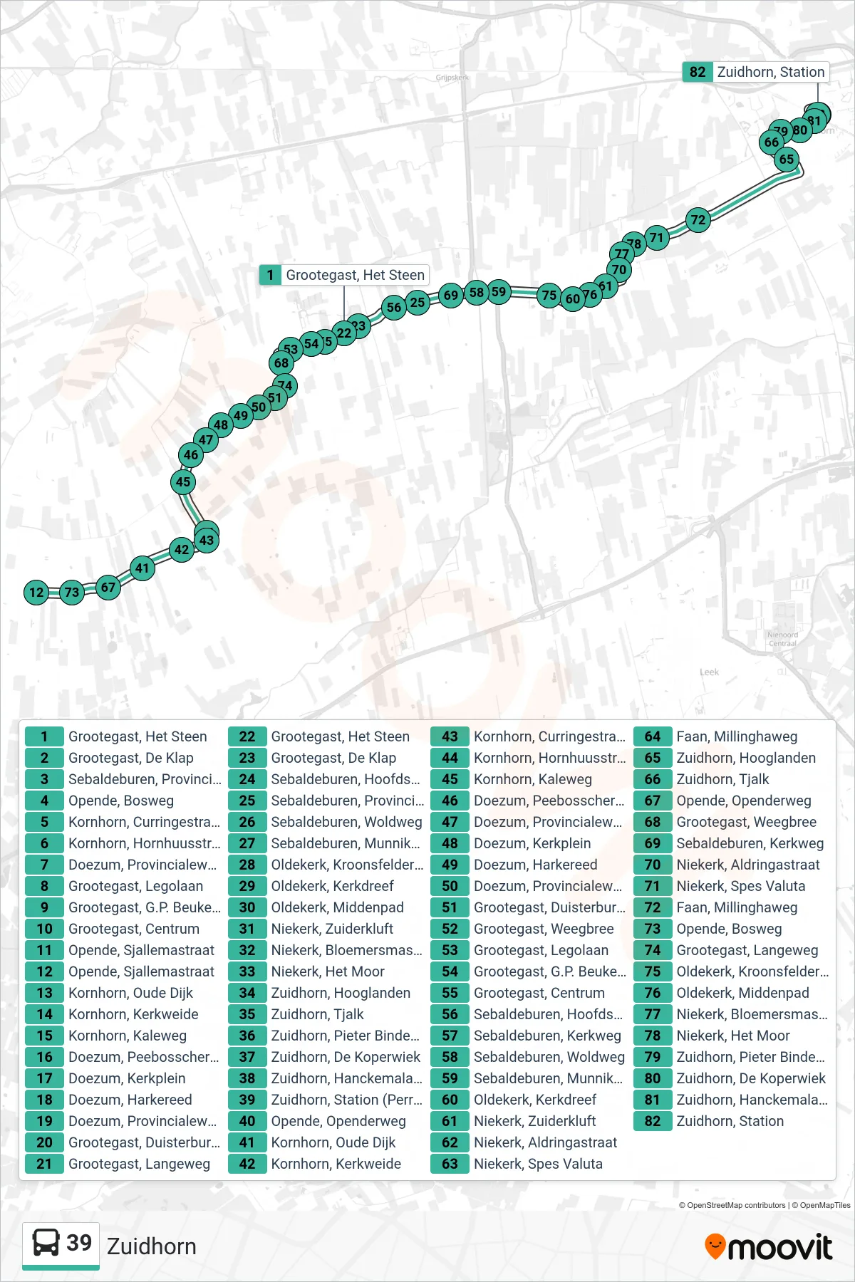 Linie 39 (Bus) Richtung Zuidhorn: Route und Haltestellen auf der Karte