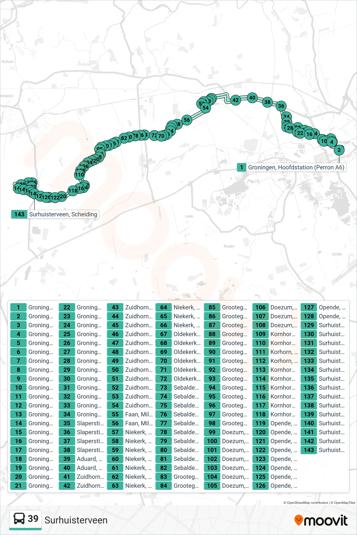 Lijn 39 (bus, Surhuisterveen): route en haltes op de kaart