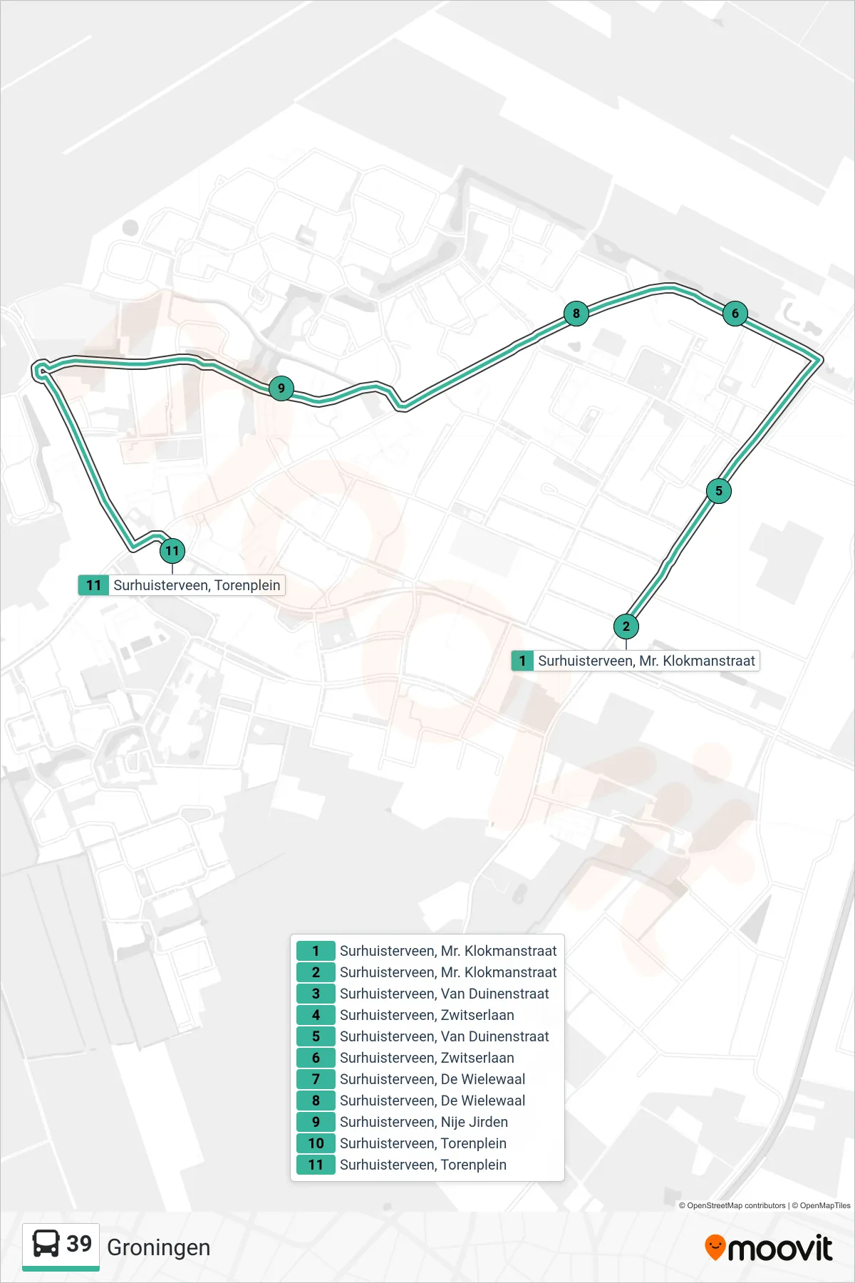 Lijn 39 (bus, Groningen): route en haltes op de kaart
