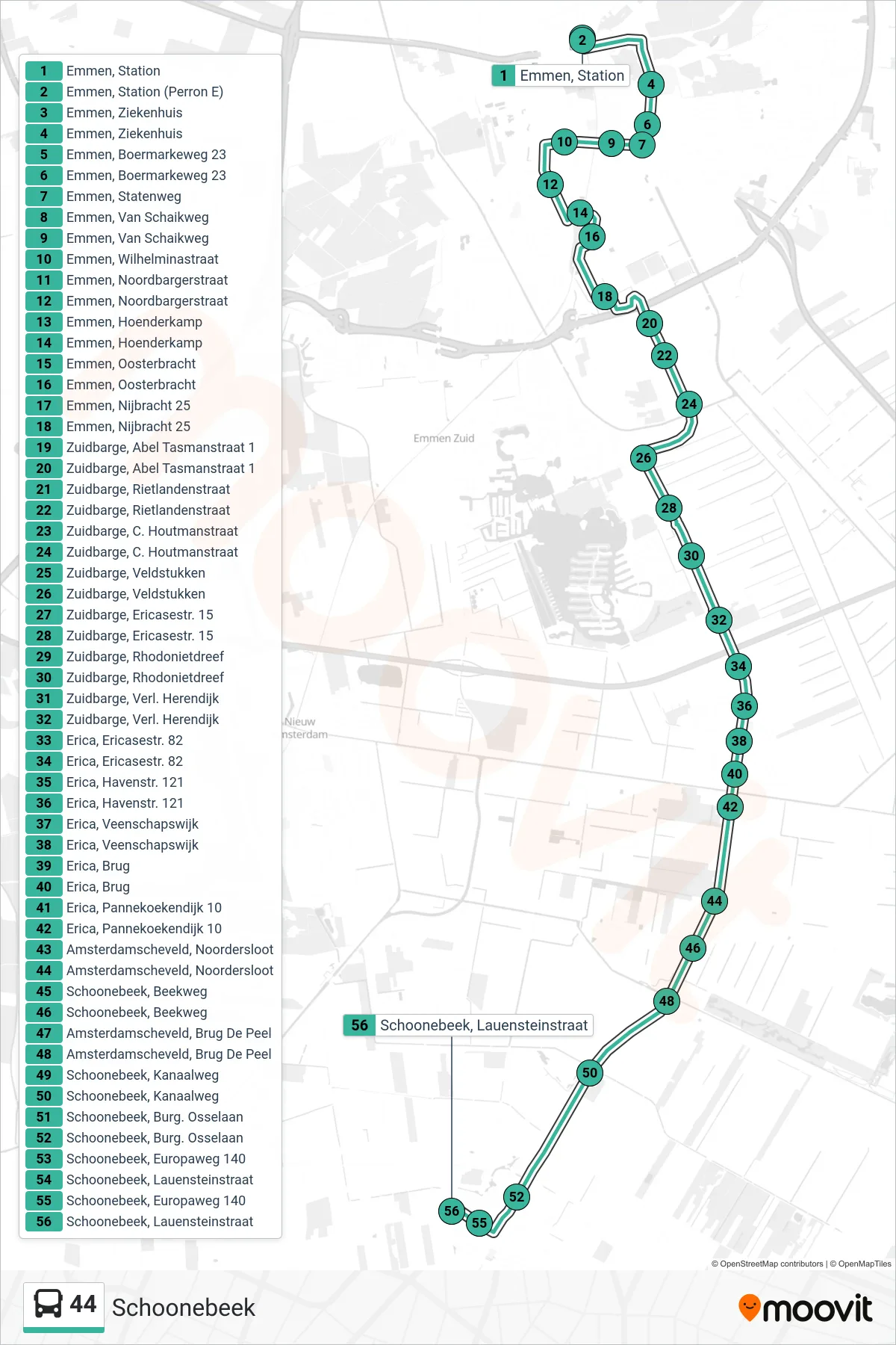 Lijn 44 (bus, Schoonebeek): route en haltes op de kaart