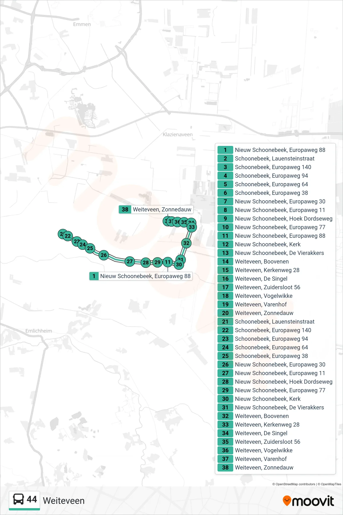 Lijn 44 (bus, Weiteveen): route en haltes op de kaart