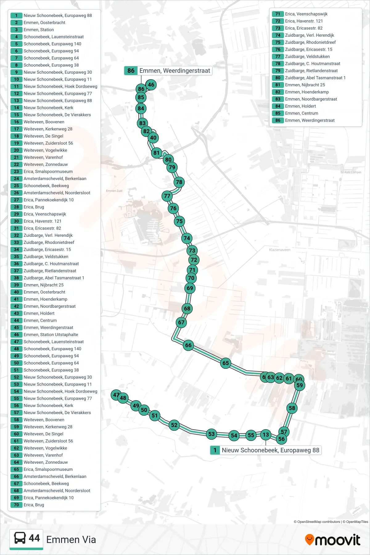 44 bus Line (Emmen Via) route and stops on a map