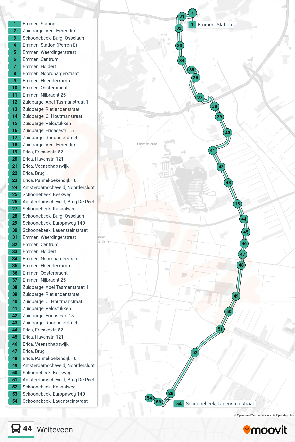 Lijn 44 (bus, Weiteveen): route en haltes op de kaart