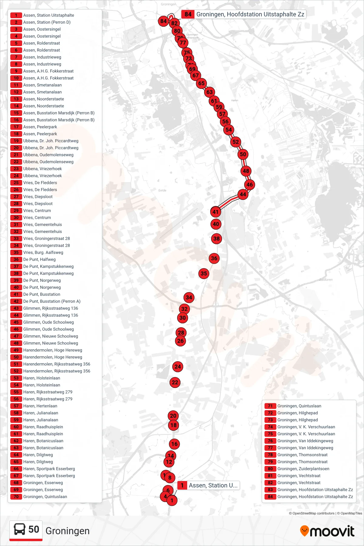 Lijn 50 (bus, Groningen): route en haltes op de kaart