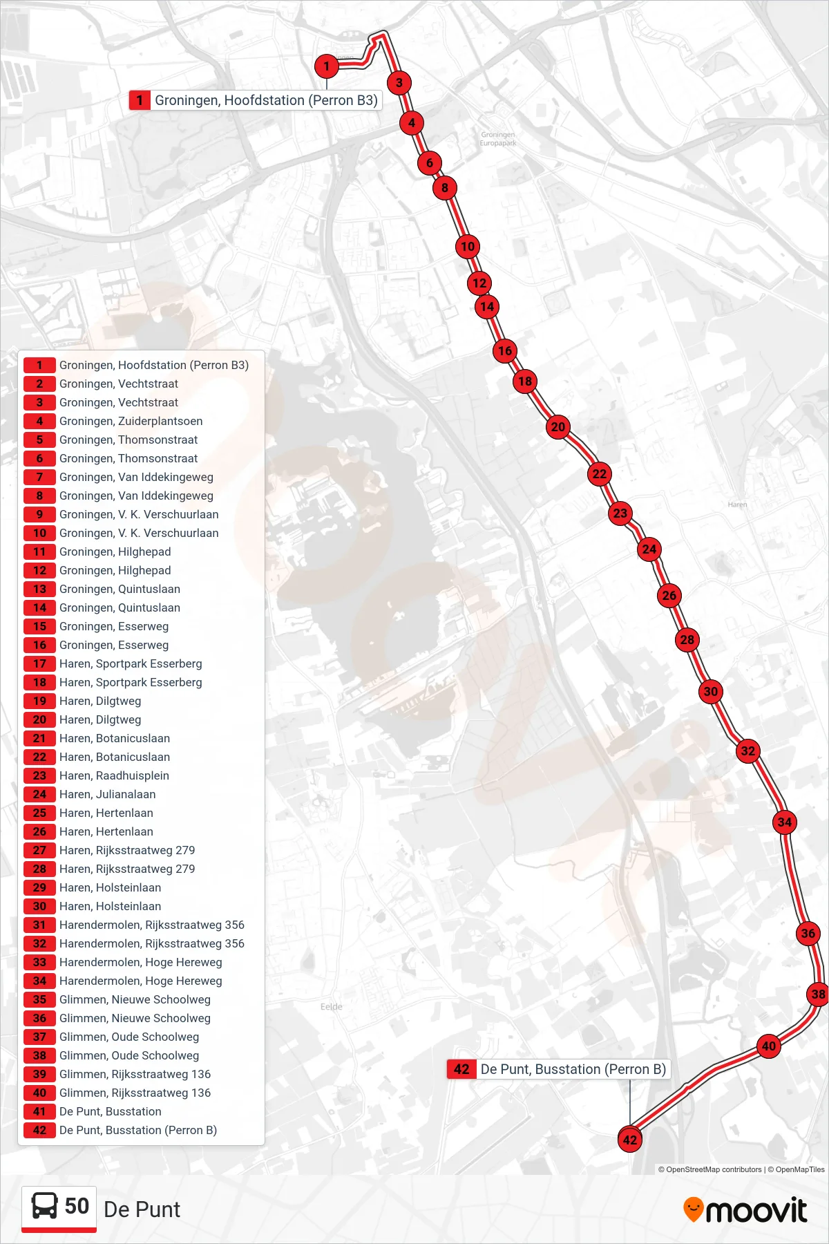 50 bus Line (De Punt) route and stops on a map