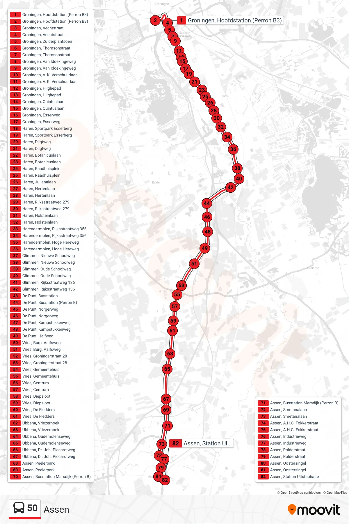 Lijn 50 (bus, Assen): route en haltes op de kaart