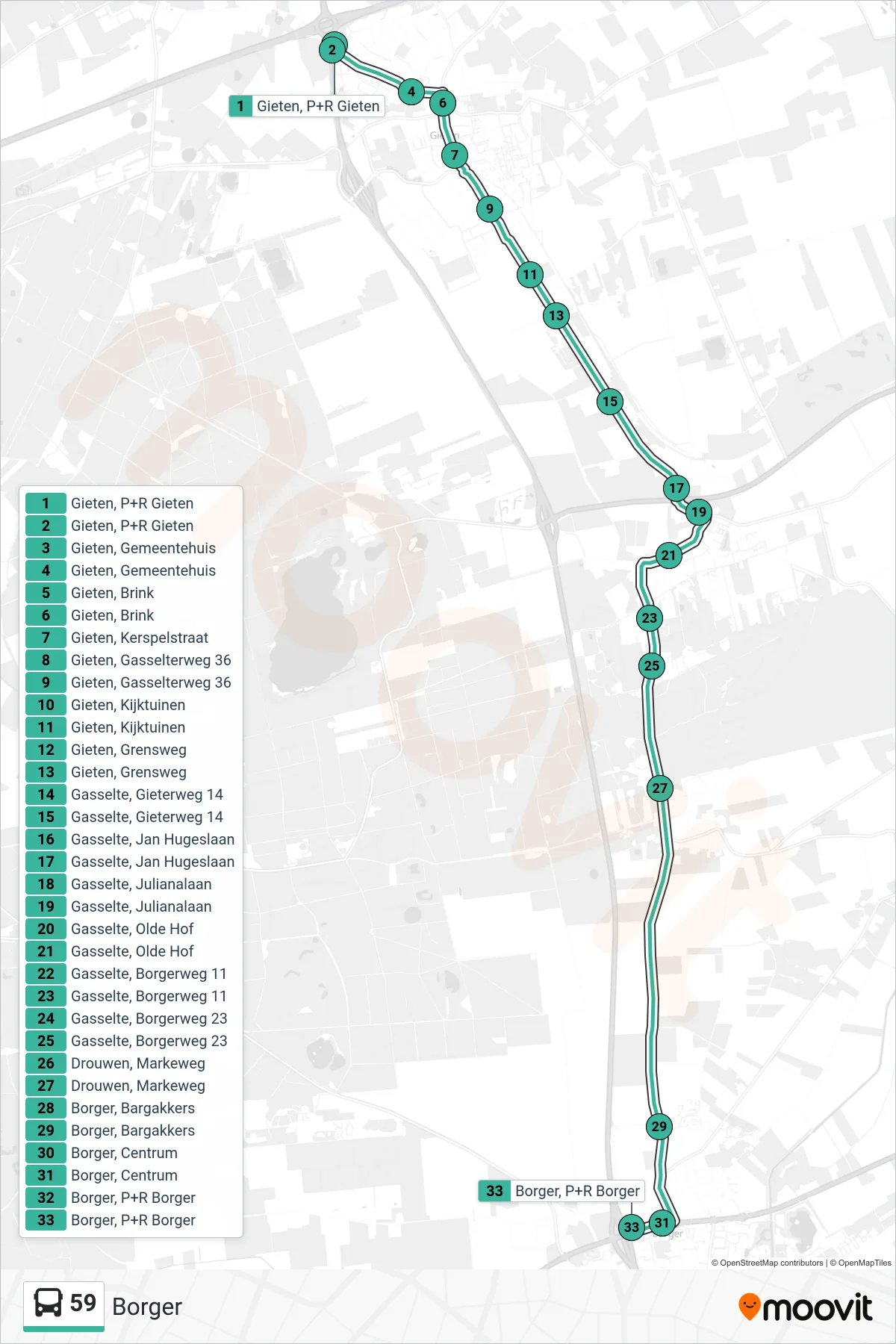 Lijn 59 (bus, Borger): route en haltes op de kaart