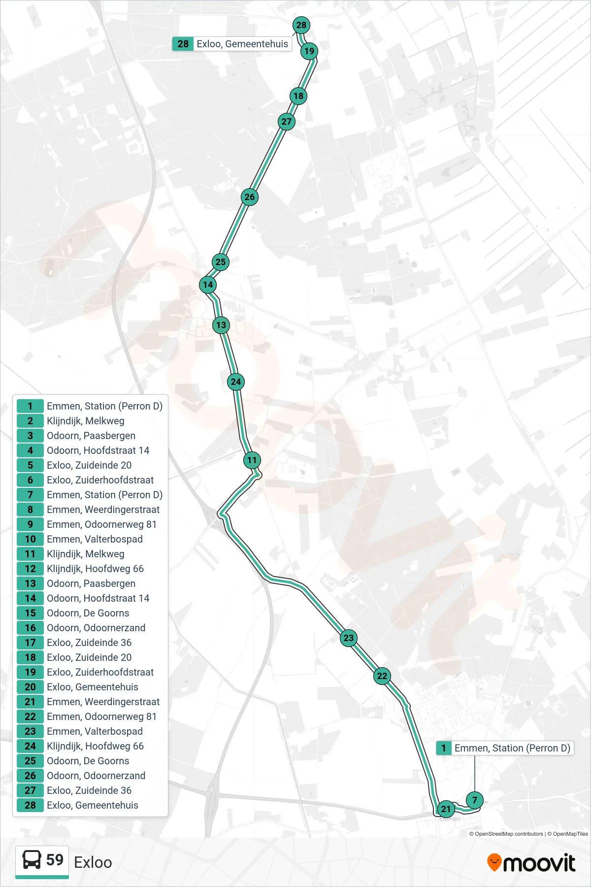 Lijn 59 (bus, Exloo): route en haltes op de kaart
